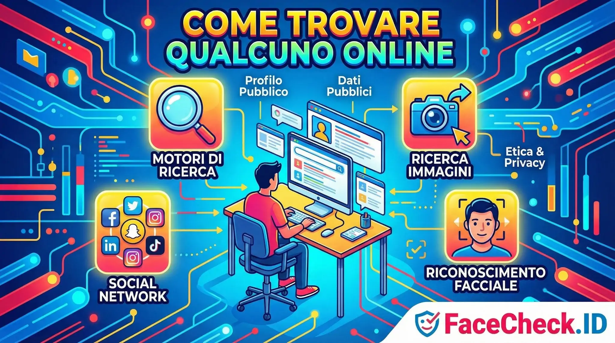 Infografica su come trovare qualcuno online tramite motori di ricerca, social network, ricerca immagini e riconoscimento facciale.