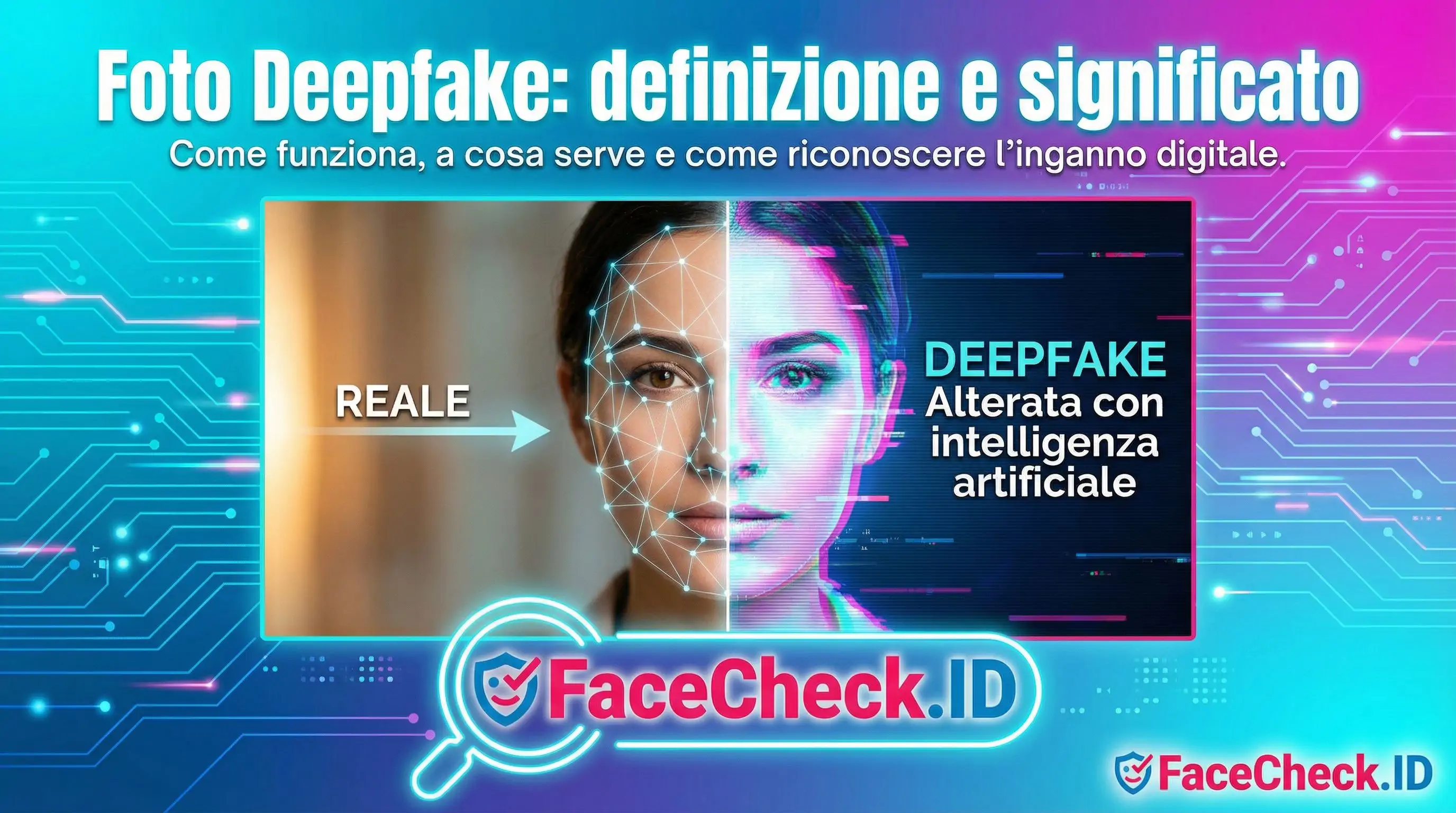Foto Deepfake Grafica esplicativa su Foto Deepfake: metà volto reale e metà alterato con intelligenza artificiale, logo FaceCheck.ID.