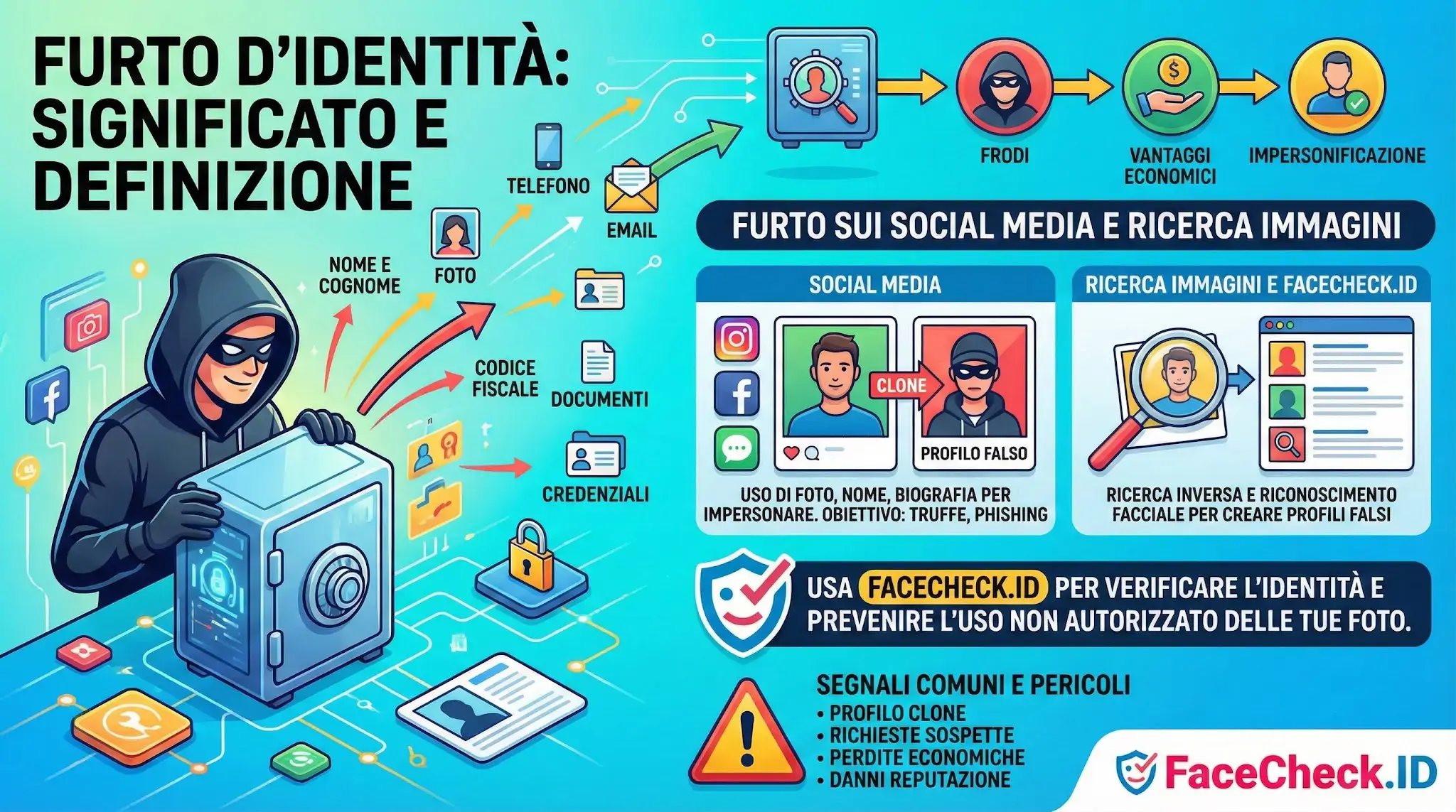 Infografica sul furto didentità: mostra un hacker che sottrae dati personali, i rischi di frode sui social e come usare FaceCheck.ID per protezione.