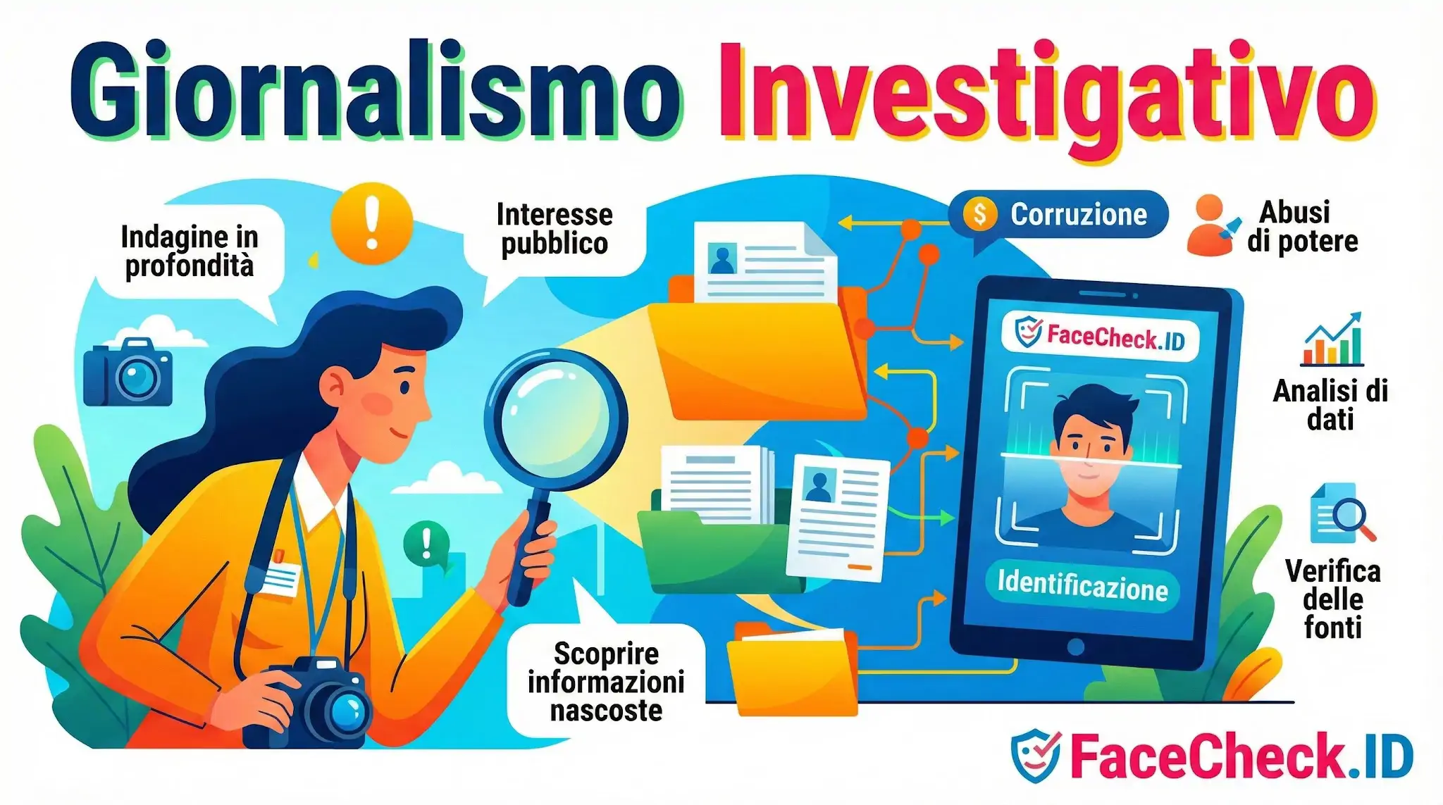 Infografica sul giornalismo investigativo che illustra indagini approfondite, analisi dati e luso di tecnologia come il riconoscimento facciale.