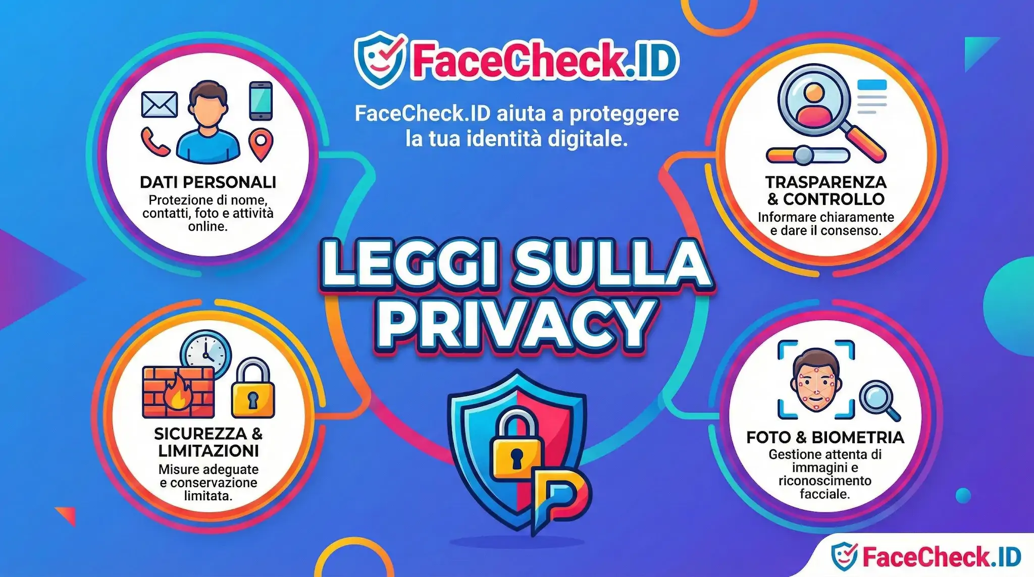 Leggi Sulla Privacy Infografica FaceCheck.ID sulle Leggi Sulla Privacy con focus su dati personali, trasparenza, sicurezza e biometria.