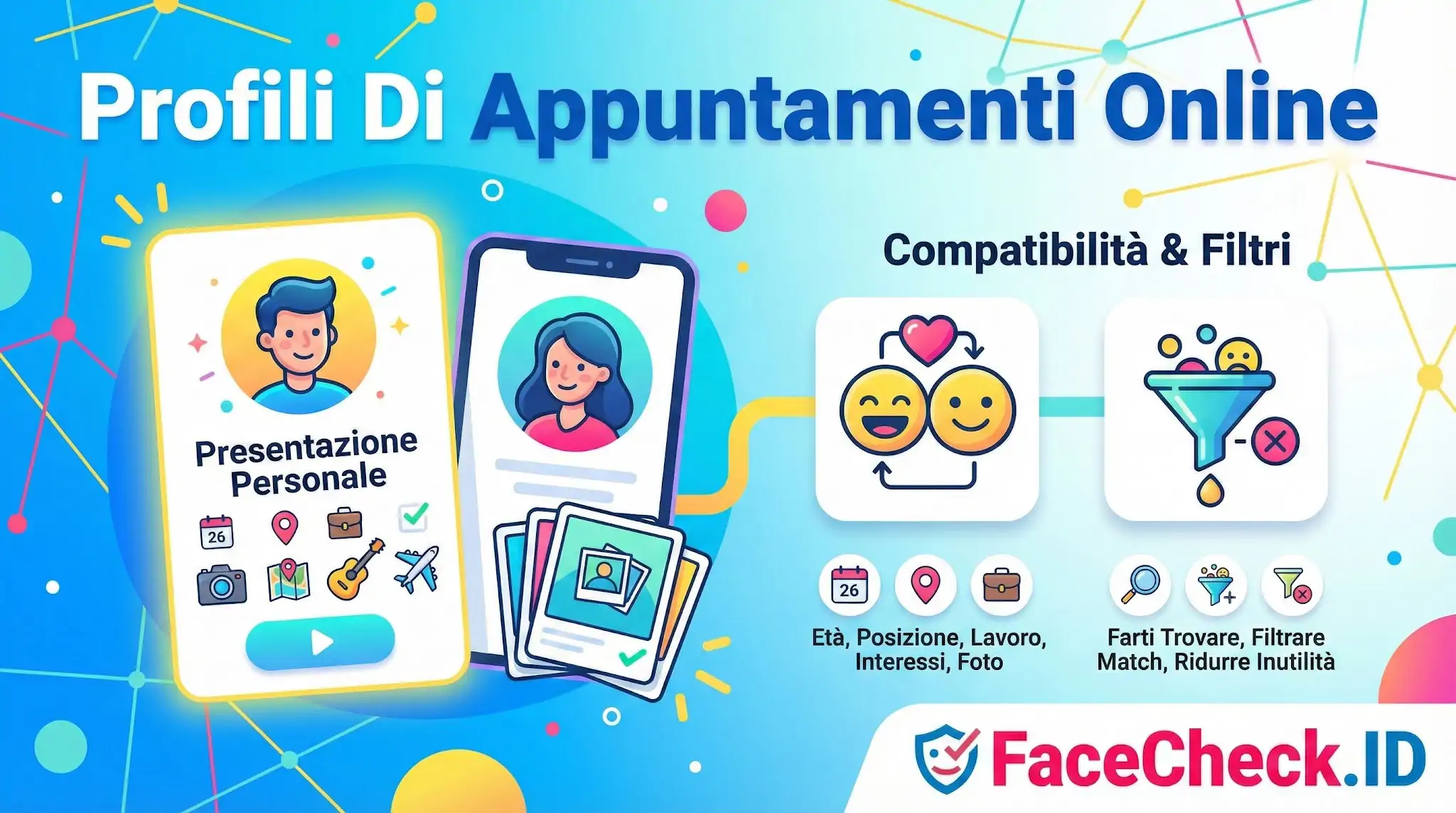 Grafica sui Profili Di Appuntamenti Online con esempi di schermate mobile per presentazione personale, foto, icone su compatibilità e filtri di ricerca intelligenti.