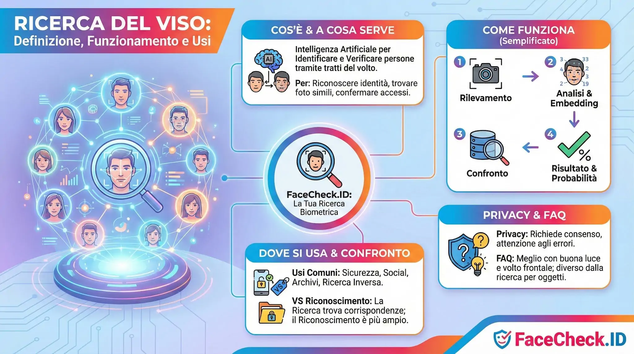 Infografica FaceCheck.ID sulla Ricerca Del Viso: mostra definizione, funzionamento tramite analisi biometrica, utilizzi per sicurezza e note sulla privacy.