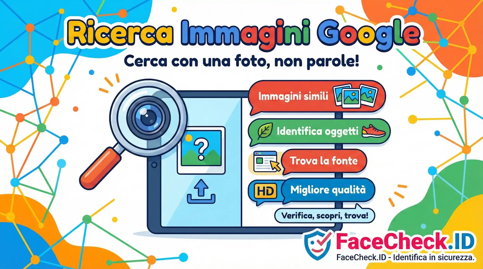Infografica su Ricerca Immagini Google che mostra una lente che analizza una foto su tablet per trovare simili, oggetti e fonti.