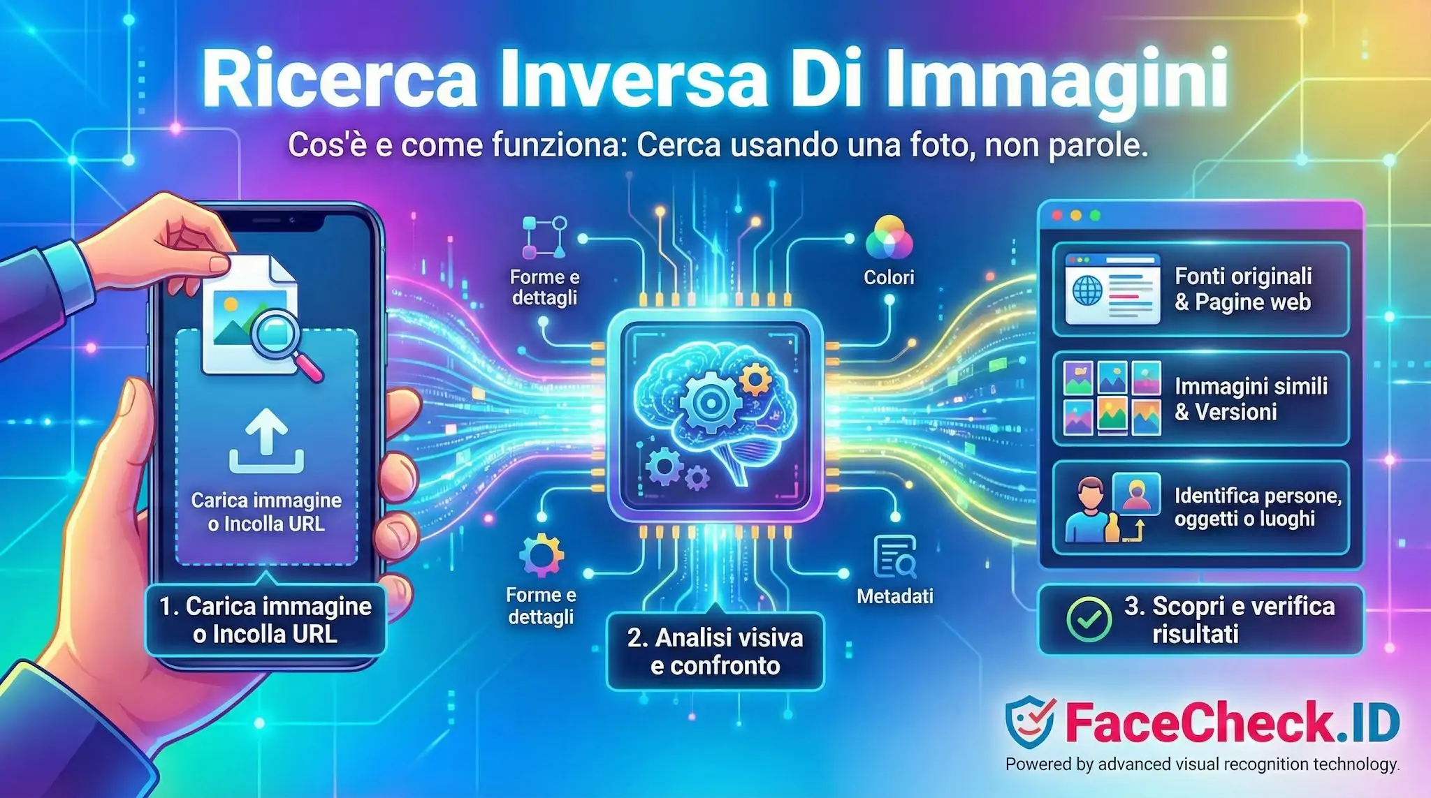 Infografica su come funziona la Ricerca Inversa Di Immagini: caricamento foto, analisi visiva e risultati con FaceCheck.ID.