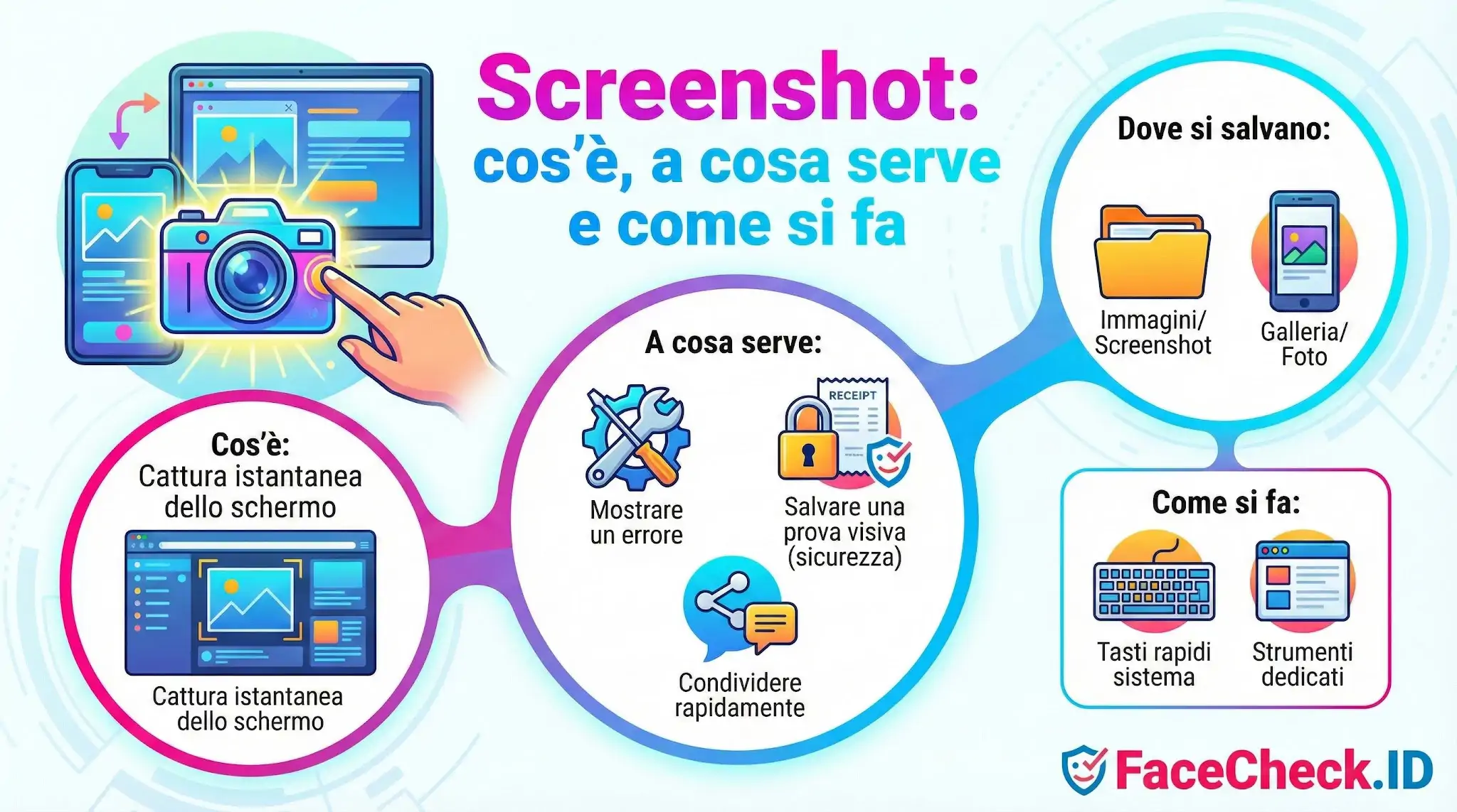 Screenshot Infografica che spiega il Screenshot: cosè, a cosa serve per mostrare errori o salvare prove e come si esegue.