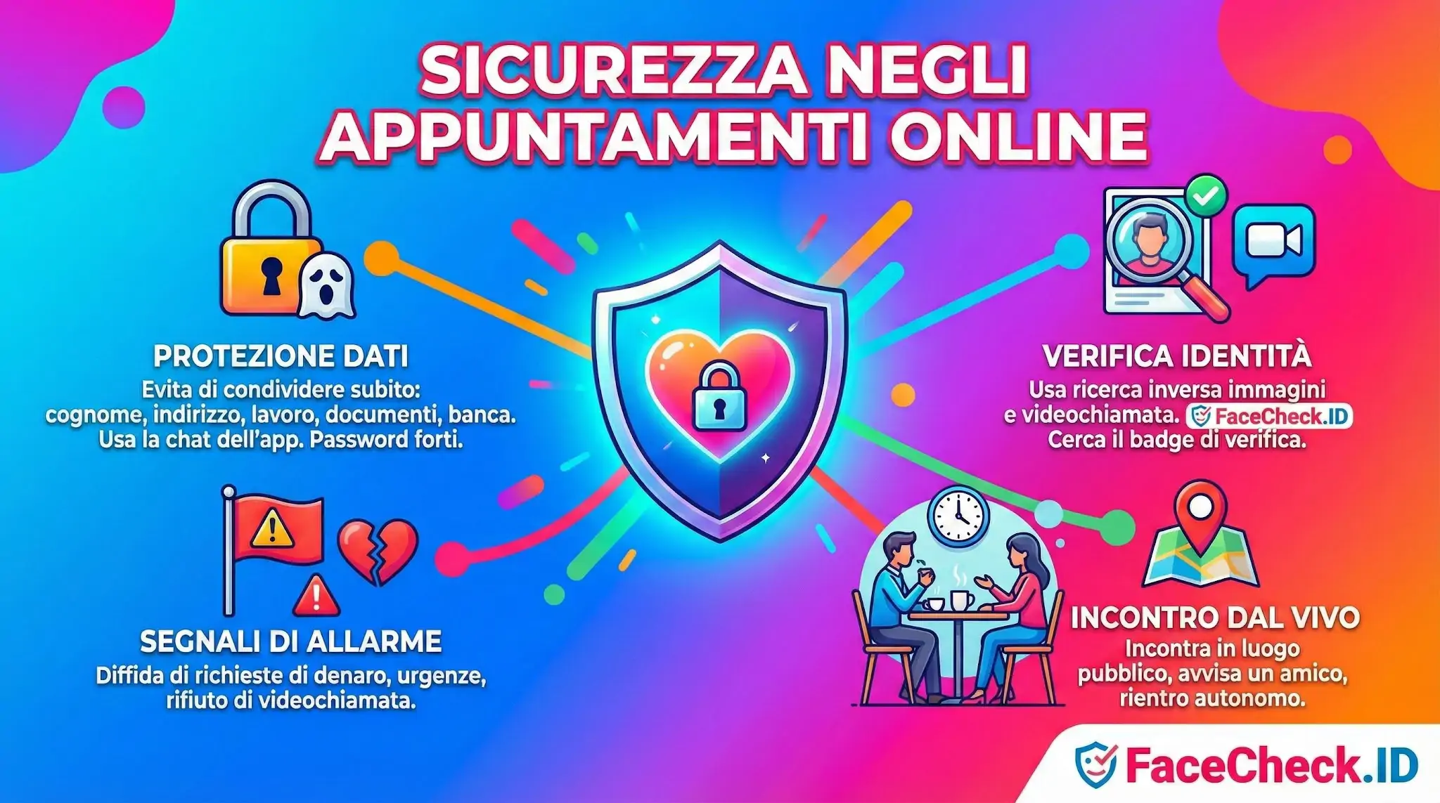 Sicurezza Negli Appuntamenti Online Infografica sulla sicurezza negli appuntamenti online con consigli su protezione dati, verifica identità tramite videochiamata e incontri in luoghi pubblici.