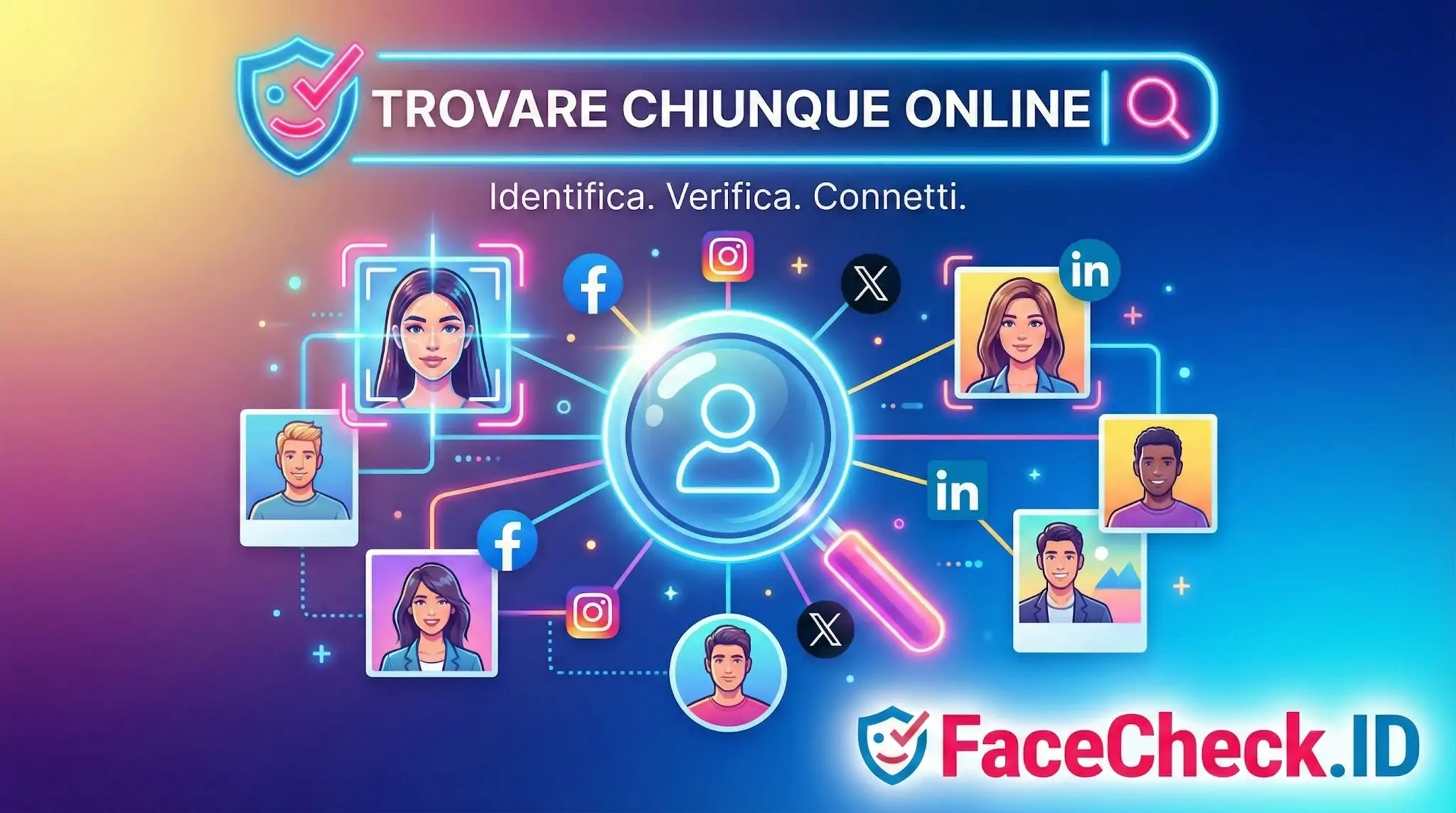 Trovare Chiunque Online Banner FaceCheck.ID che illustra come Trovare Chiunque Online collegando volti a profili social per identificare e verificare.