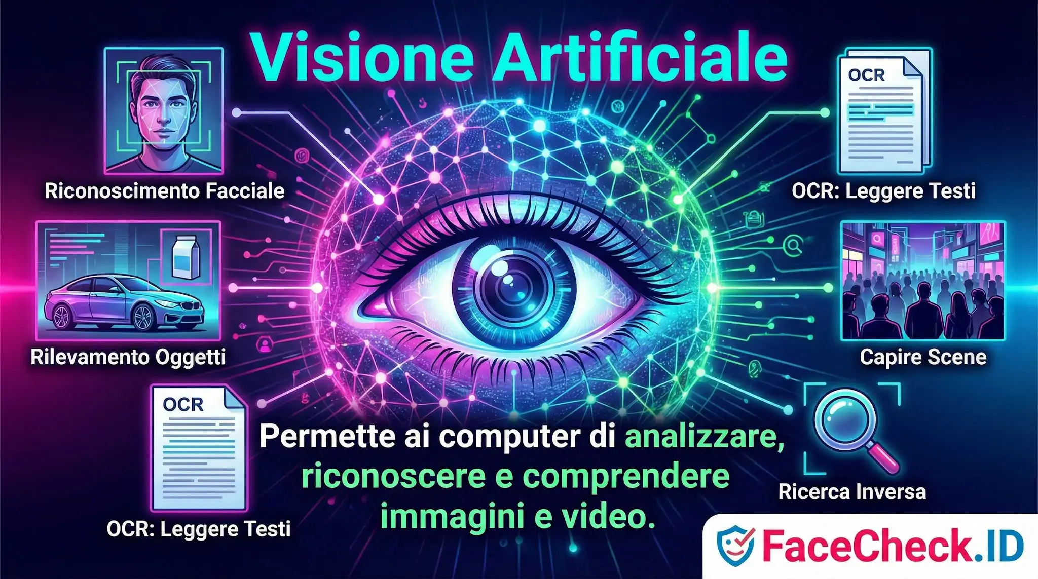 Visione Artificiale Infografica sulla Visione Artificiale che mostra un occhio digitale centrale e spiega come i computer analizzano immagini per riconoscimento facciale, OCR e rilevamento oggetti.