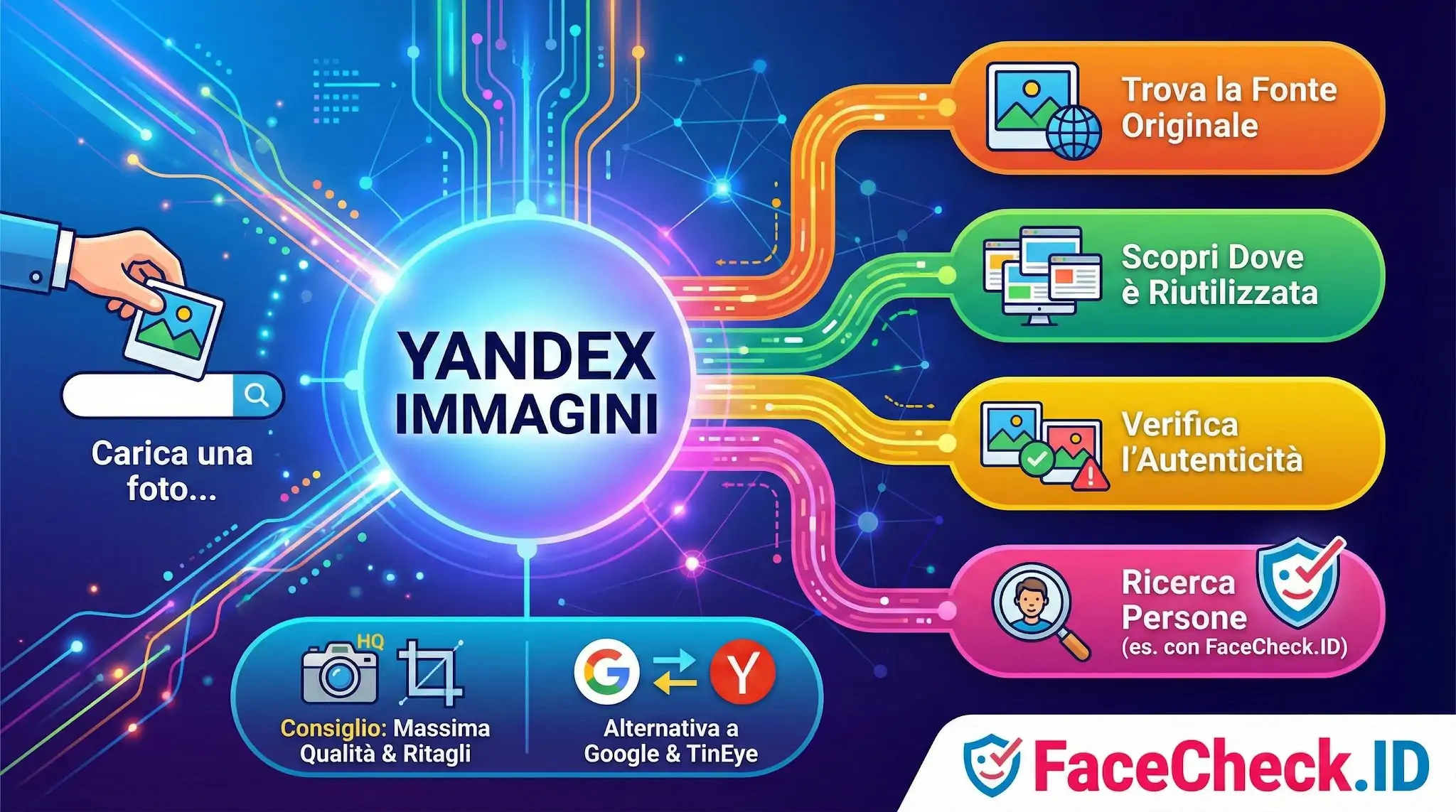 Yandex Immagini Infografica sulle funzioni di Yandex Immagini: ricerca inversa per trovare fonti, scoprire riutilizzi e verificare persone.