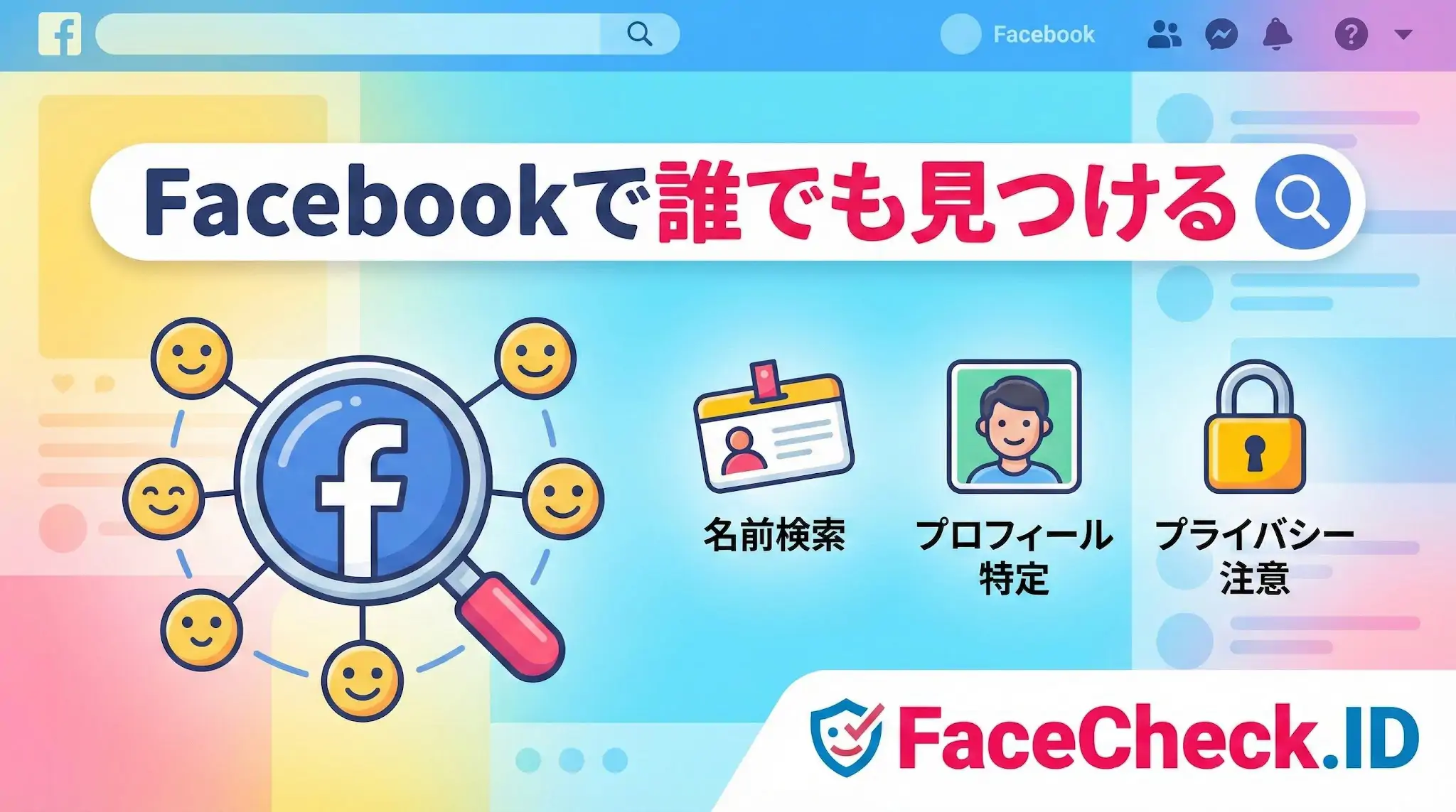 Facebookで誰でも見つける Facebookで誰でも見つけるための検索方法を解説したイラスト。虫眼鏡の中にFBロゴがあり、名前検索・プロフィール特定・プライバシー注意の3つのポイントが描かれています。