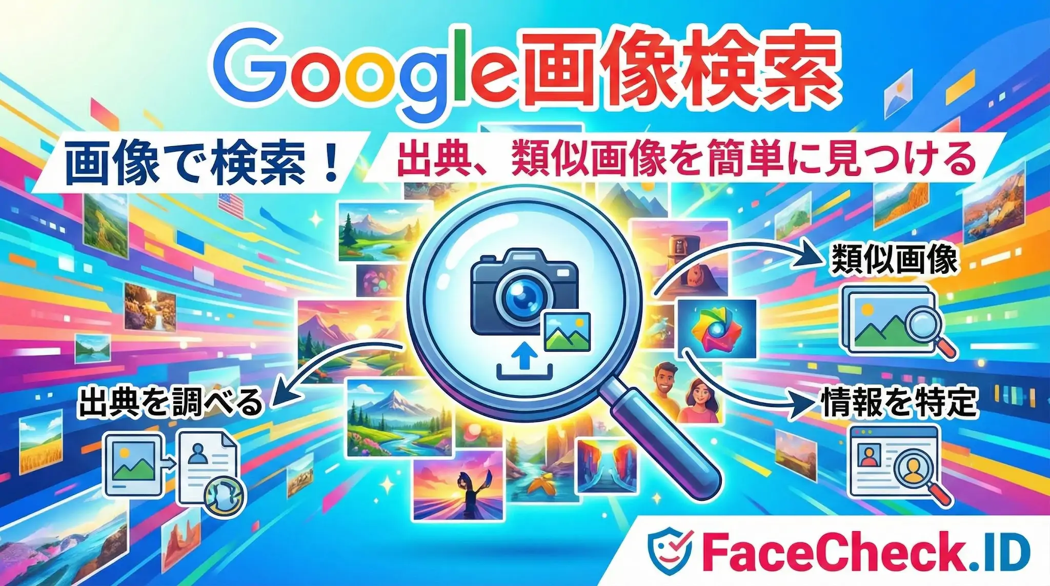 Google画像検索の使い方を解説したインフォグラフィック。中央の虫眼鏡とカメラのアイコンから矢印が伸び、出典を調べる、類似画像を見つける、情報を特定するといった機能の利点を視覚的に表現しています。