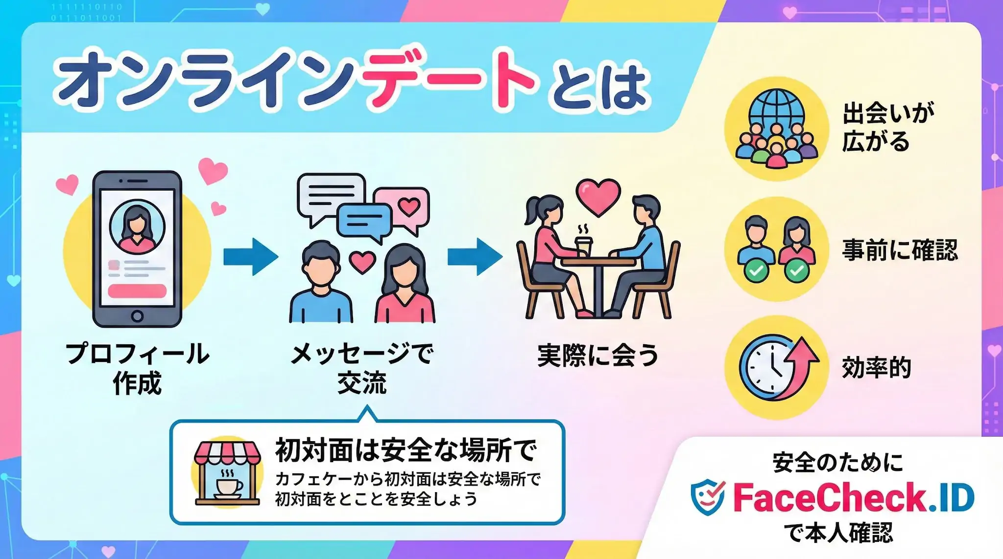 オンラインデートの流れ（プロフィール作成、メッセージ交流、実際に会う）とメリット（出会いが広がる、安全確認、効率的）を解説した図。