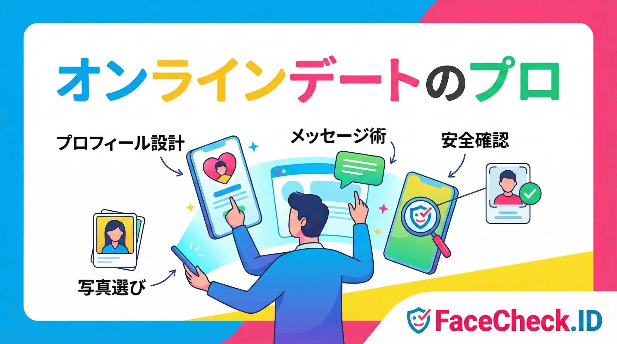 「オンラインデートのプロ」として成功するための4つの要素、プロフィール設計・写真選び・メッセージ術・安全確認をマルチタスクでこなす男性を描いたFaceCheck.IDのイラスト。