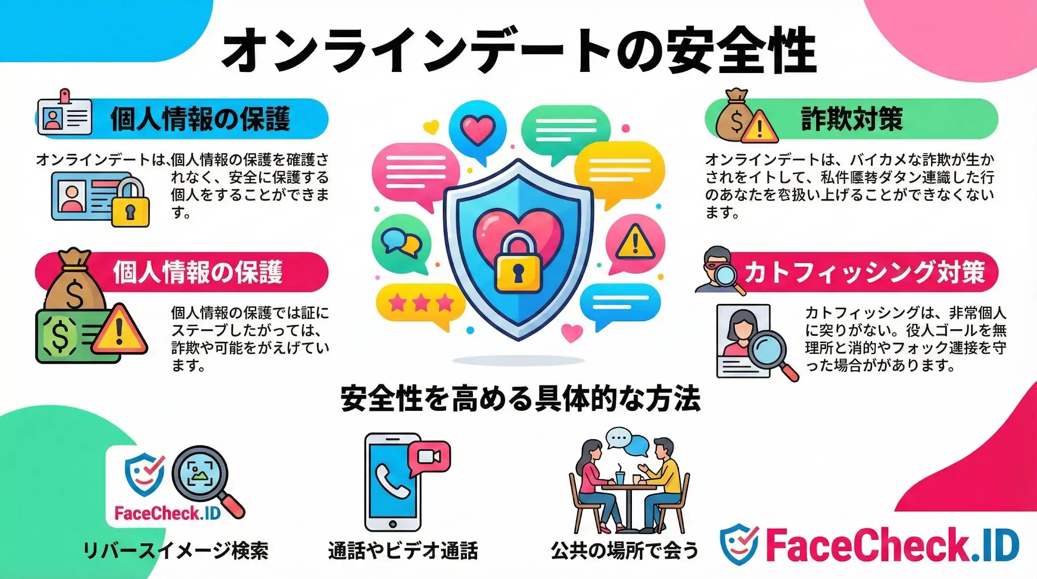 オンラインデートの安全性向上のためのガイド。詐欺やカトフィッシング対策として、FaceCheck.IDでの画像検索や公共の場での面会を推奨する具体的な方法をイラストで解説。