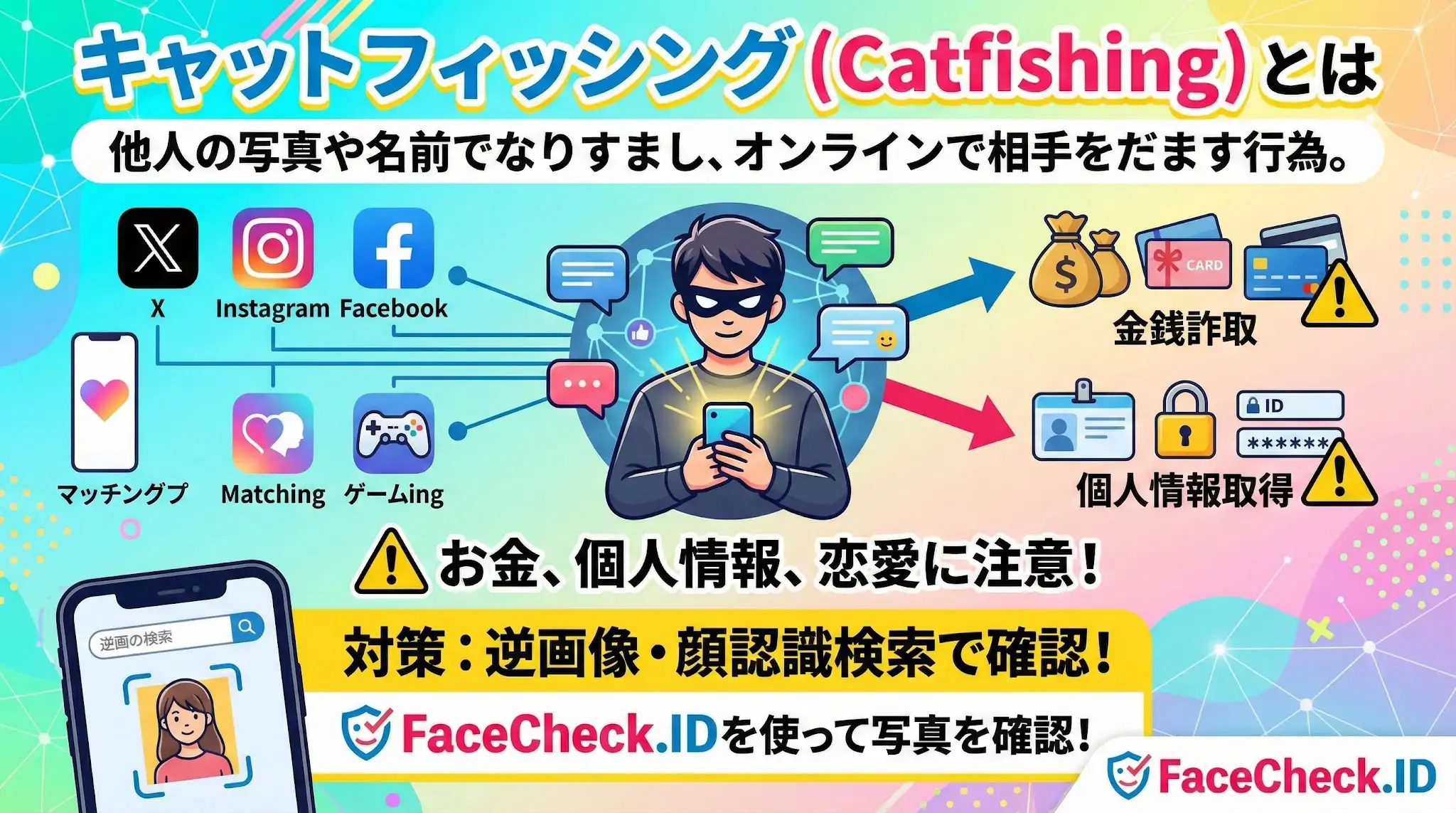 キャットフィッシング キャットフィッシングとは、SNSやマッチングアプリで他人の写真や名前を使ってなりすまし、金銭や個人情報をだまし取る詐欺行為です。FaceCheck.IDを使った逆画像検索で対策できます。