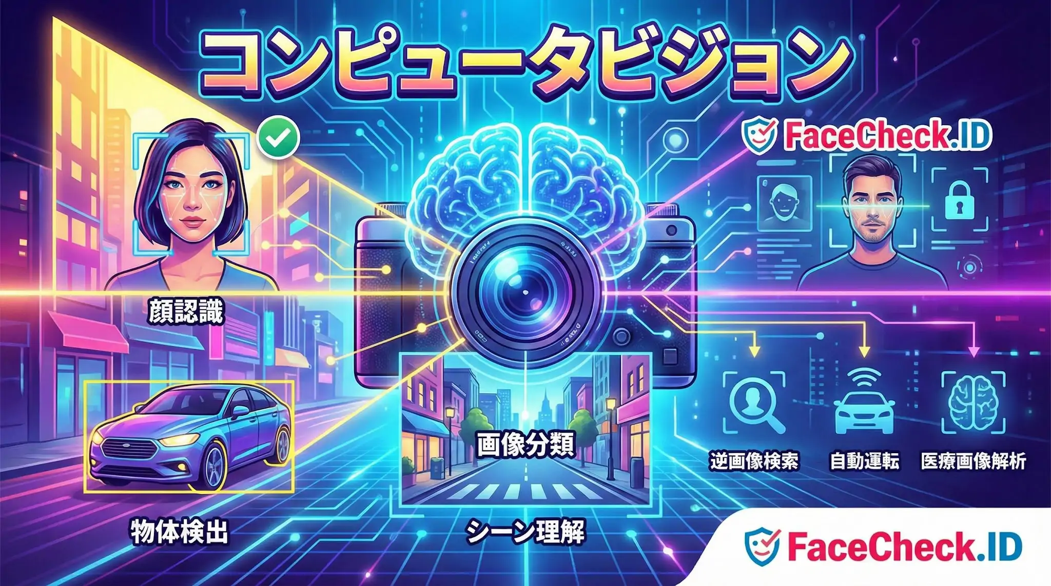 顔認識、物体検出、シーン理解など、AIによる画像解析の様々な応用例を示す「コンピュータビジョン」のインフォグラフィック