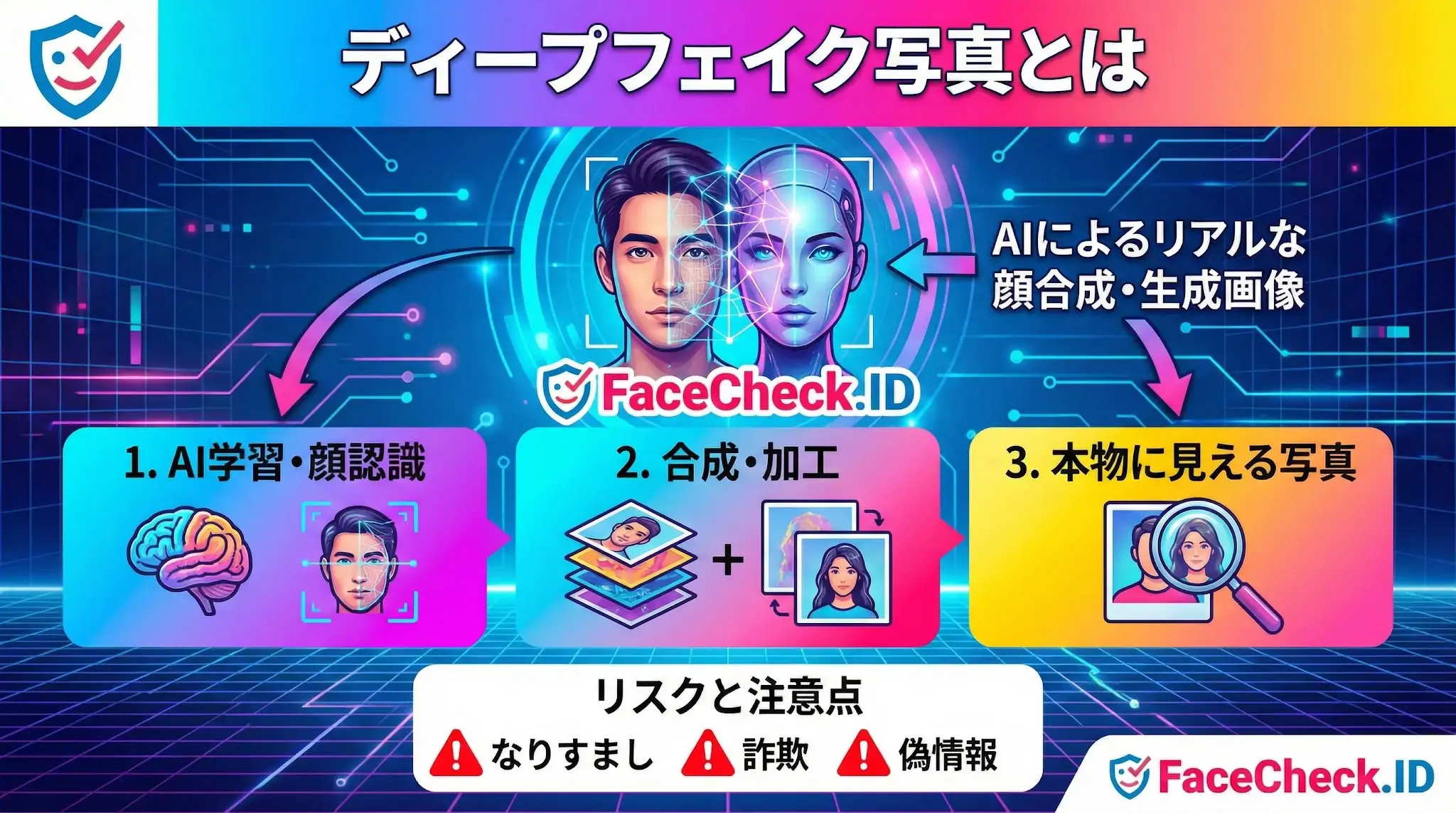 ディープフェイク写真とは何かを解説する図解。AI学習・顔認識から画像の合成・加工を経て、本物に見える写真が生成される過程と、なりすまし・詐欺・偽情報のリスクと注意点を示している。
