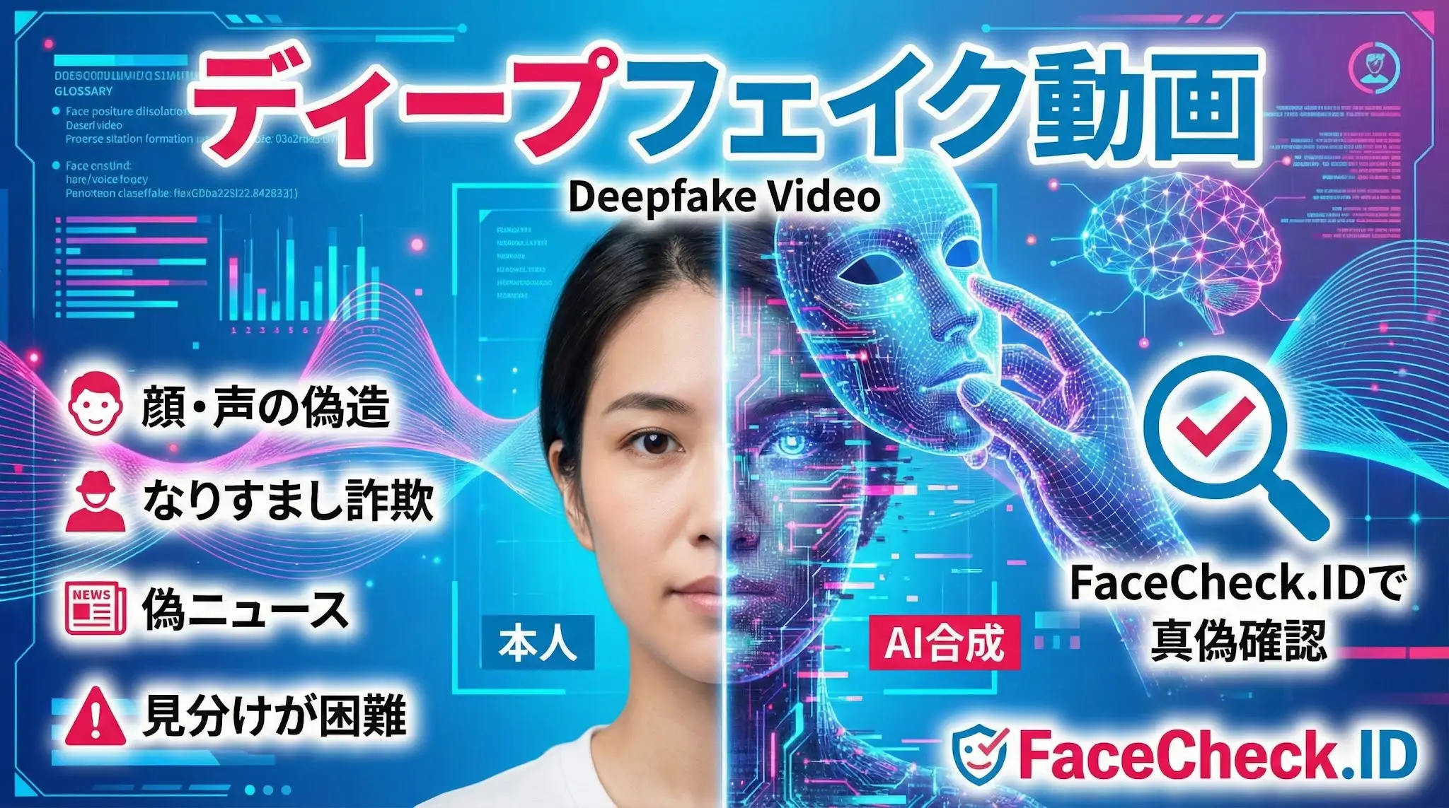 顔の半分がデジタルマスクで覆われた女性の図と、本物とAI合成の比較を示すディープフェイク動画の解説画像。FaceCheck.IDでの真偽確認を推奨。