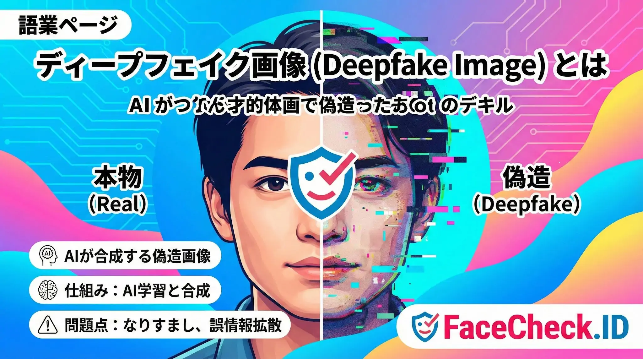 人物の顔の左右で「本物」と「偽造」を比較した、ディープフェイク画像についての解説図。AIによる学習と合成の仕組みや、なりすまし等の問題点を説明している。