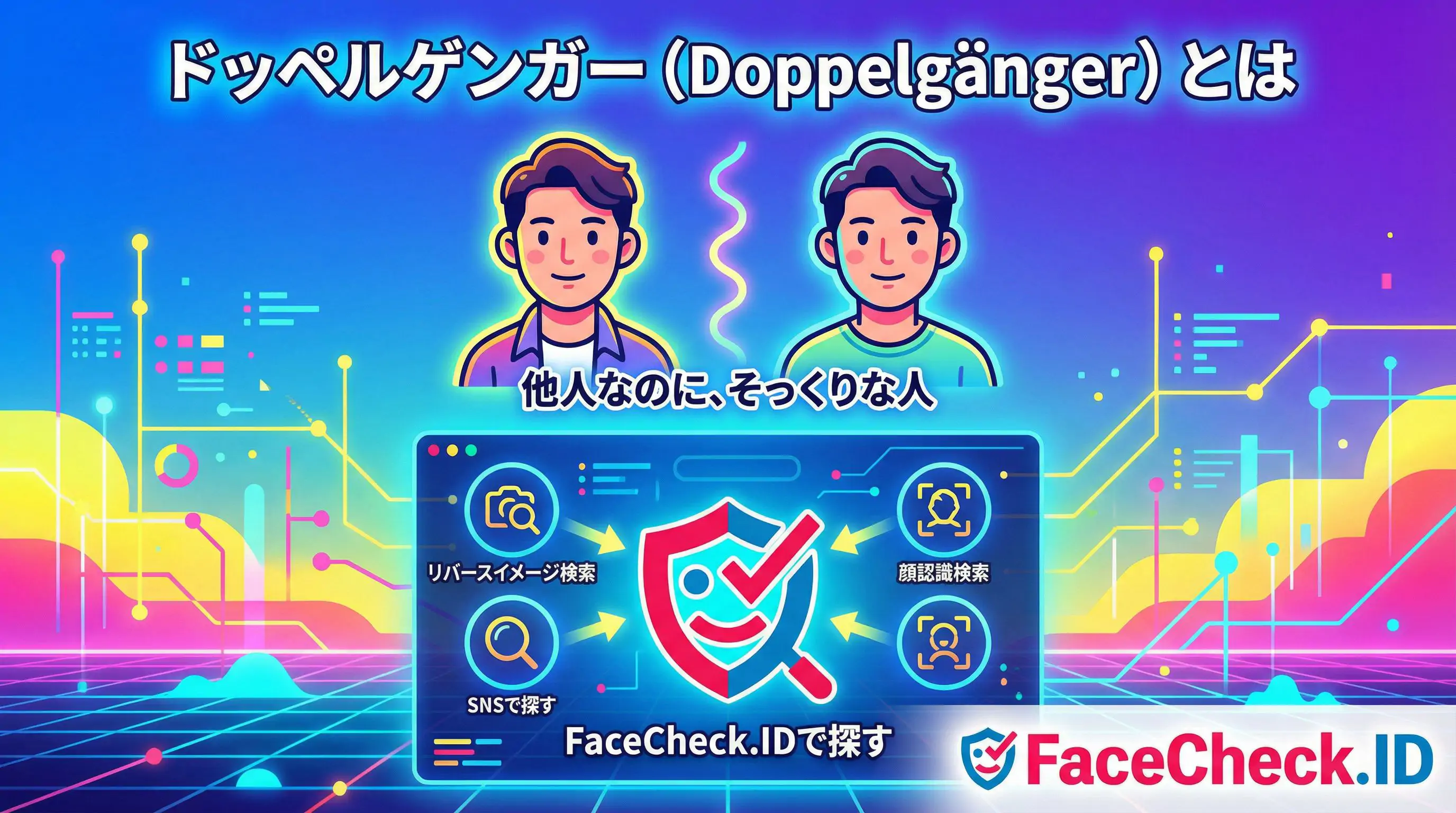 ドッペルゲンガーとは「他人なのにそっくりな人」と解説し、FaceCheck.IDで顔写真検索する方法を示すイラスト。