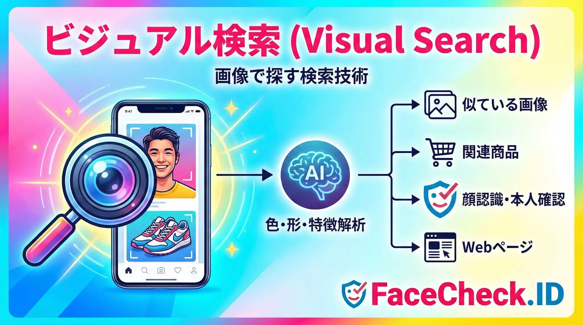 ビジュアル検索 スマホに映った画像をAIが解析し、似ている画像や商品を提案するビジュアル検索の仕組みの図解