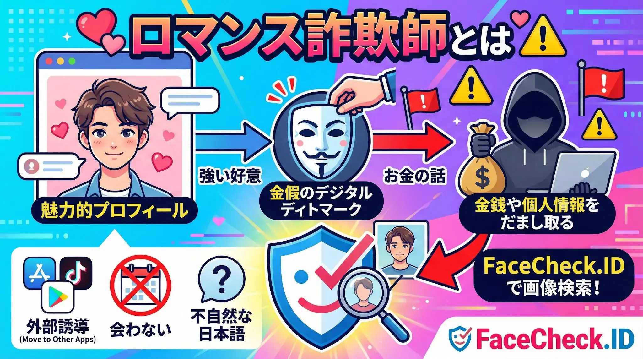 ロマンス詐欺師 ロマンス詐欺師の手口を示す図解:魅力的なプロフィールから強い好意で近づき、裏の顔で金銭を要求する流れを説明。対策としてFaceCheck.IDでの画像検索や、不自然な日本語への注意喚起が含まれています。
