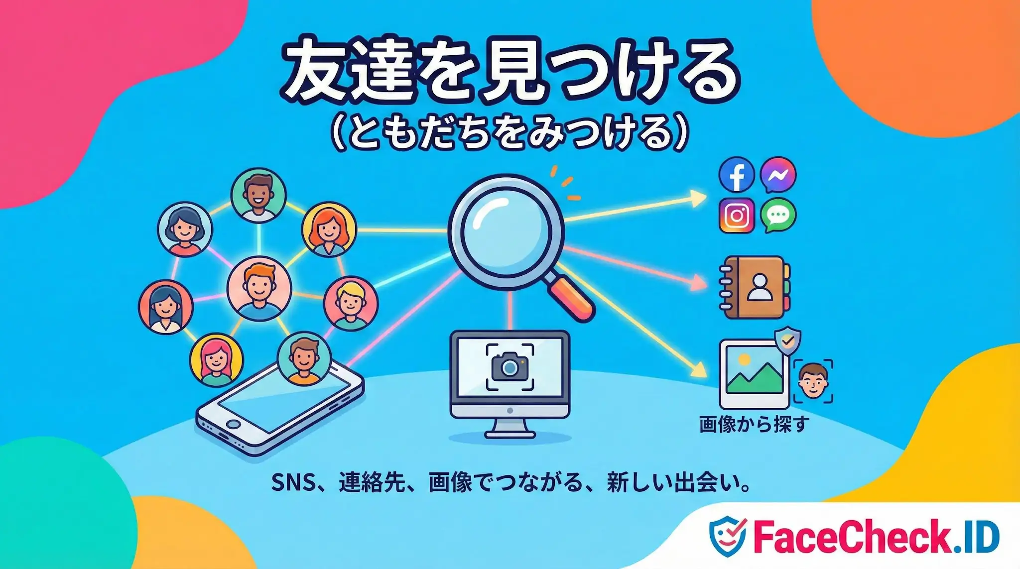 友達を見つける SNS、連絡先、画像検索機能を使って友達を見つけるFaceCheck.IDのイラスト。「画像から探す」などの機能で新しい出会いにつながる仕組みを視覚的に表現しています。