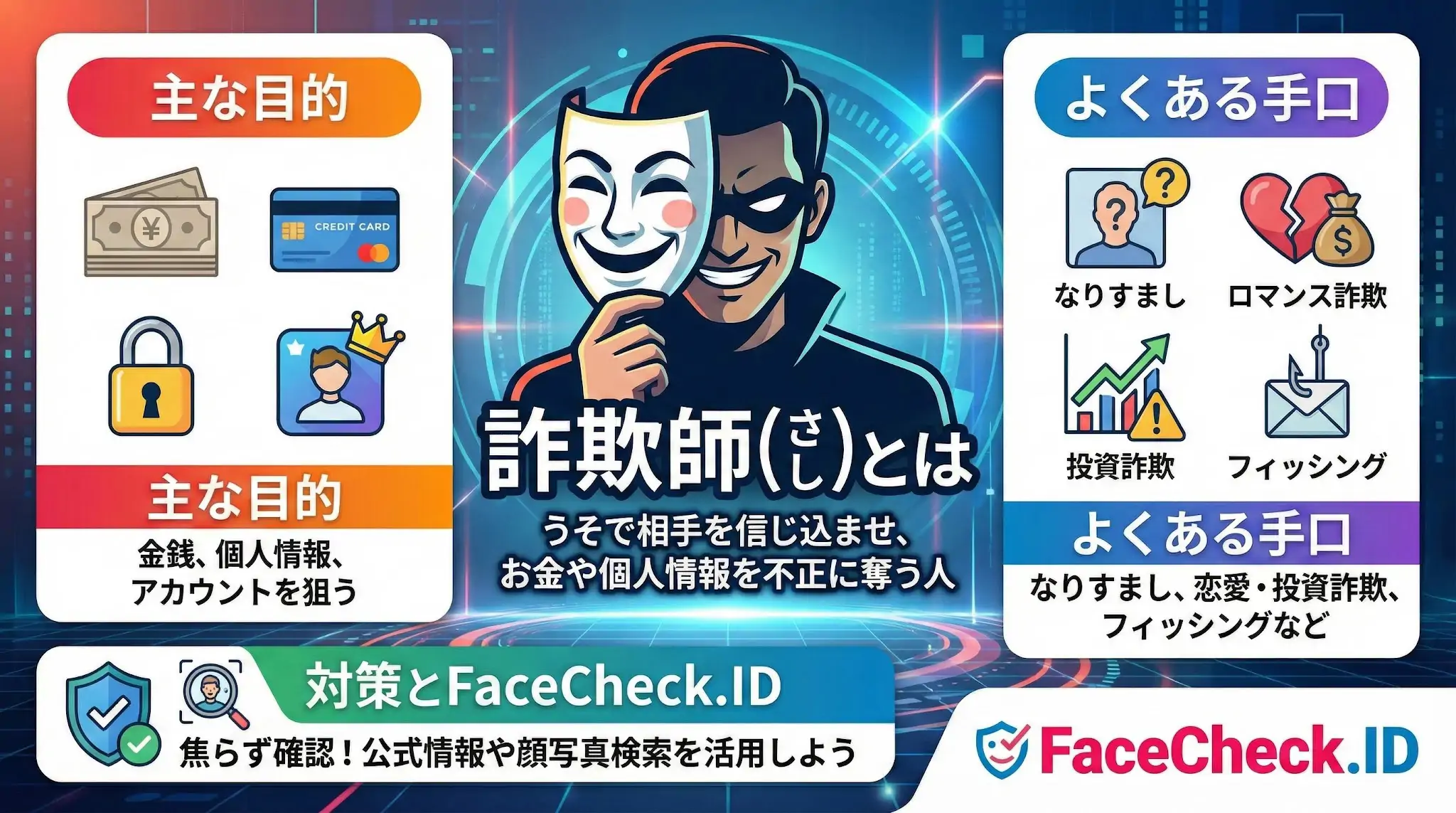 詐欺師（さぎし）の定義と手口、対策を解説する図解。詐欺師は嘘で金を奪う存在とし、なりすましやロマンス詐欺などの手口を紹介。対策としてFaceCheck.IDでの顔写真検索を推奨している。