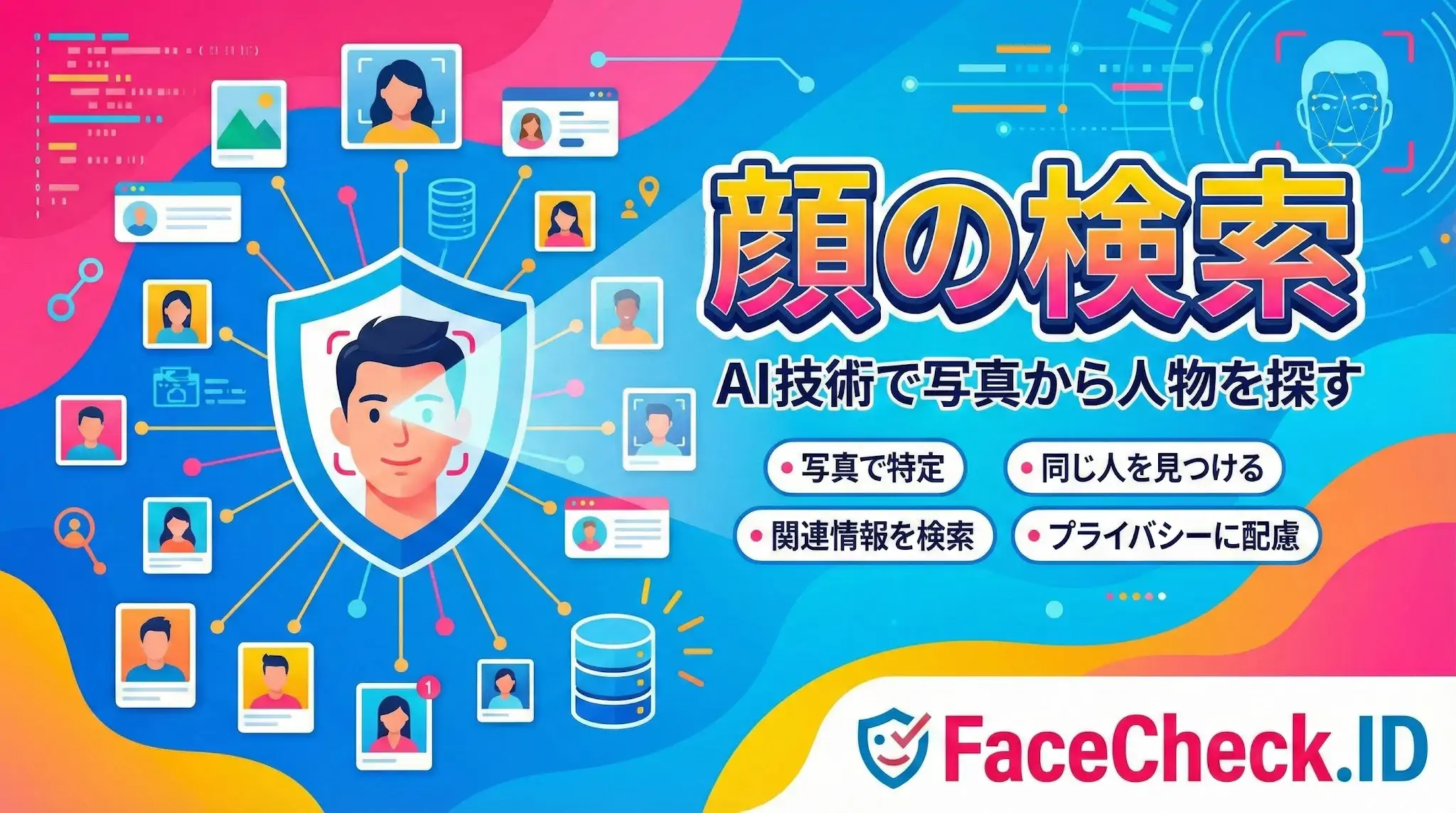 FaceCheck.IDのプロモーション画像。中央の盾アイコン内の男性の顔と、周囲に広がる様々な顔写真がネットワークでつながり、「顔の検索」の文字がAI技術で人物を探す機能を表しています。