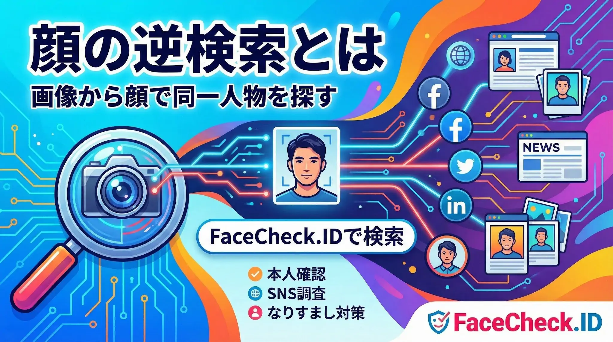 顔の逆検索とは、写真から同一人物の顔を見つける技術です。FaceCheck.IDを使ってSNSやニュースサイトから本人確認やなりすまし対策を行う仕組みを図解しています。