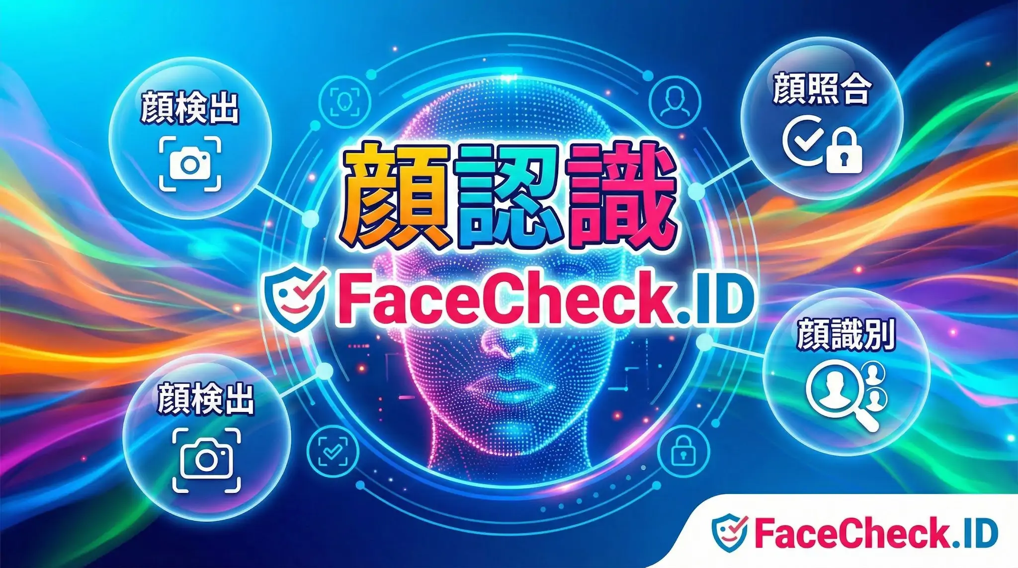 顔認識 中央のデジタルフェイスと「顔認識」の文字を囲むように、顔検出・顔照合・顔識別のアイコンが配置された、FaceCheck.IDのサービスの概念図。