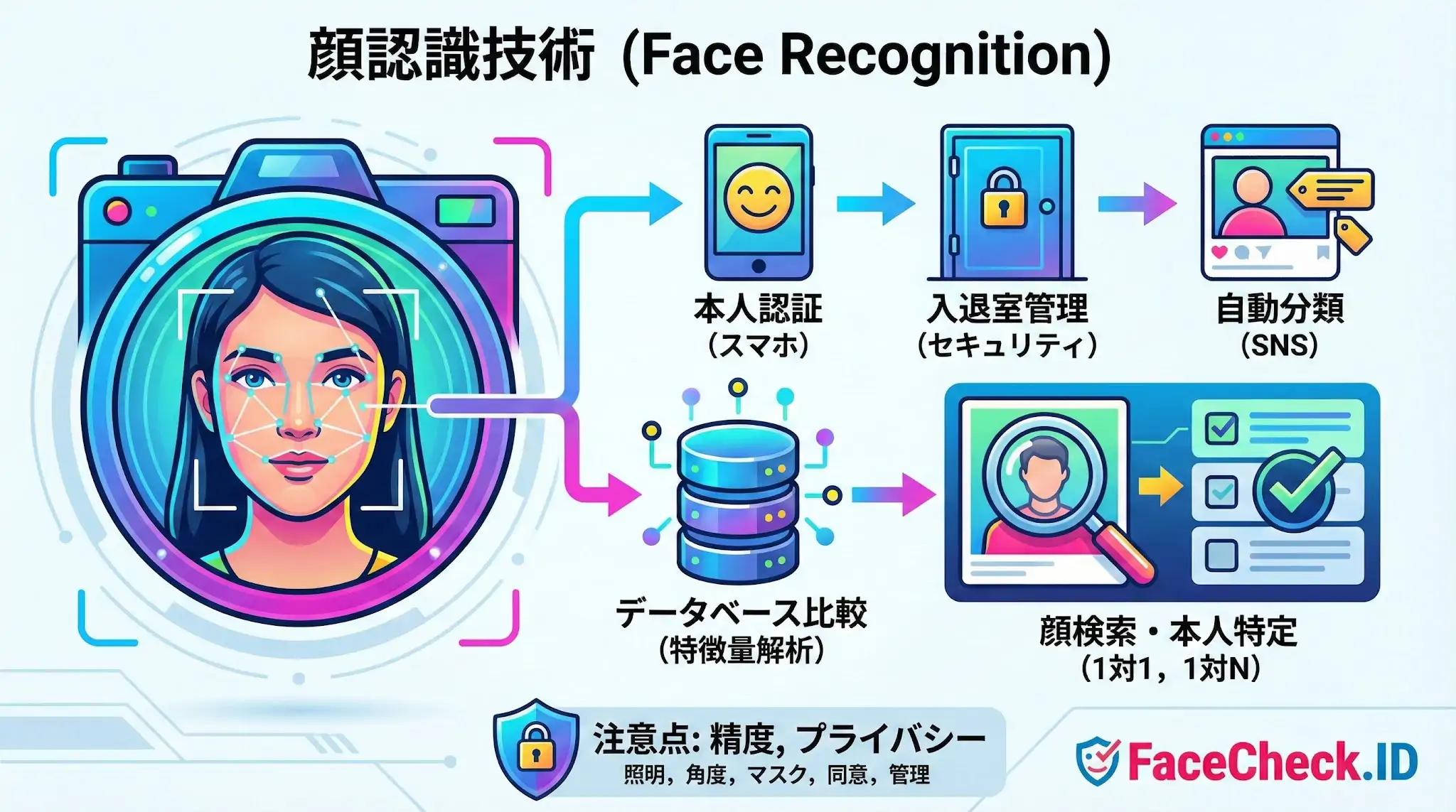 顔認識技術の仕組みと活用事例を示すイラスト。スマホ認証やセキュリティゲート、SNS自動分類への応用、データベース比較による本人特定（1対1、1対N）の流れ、精度やプライバシーの注意点を解説。