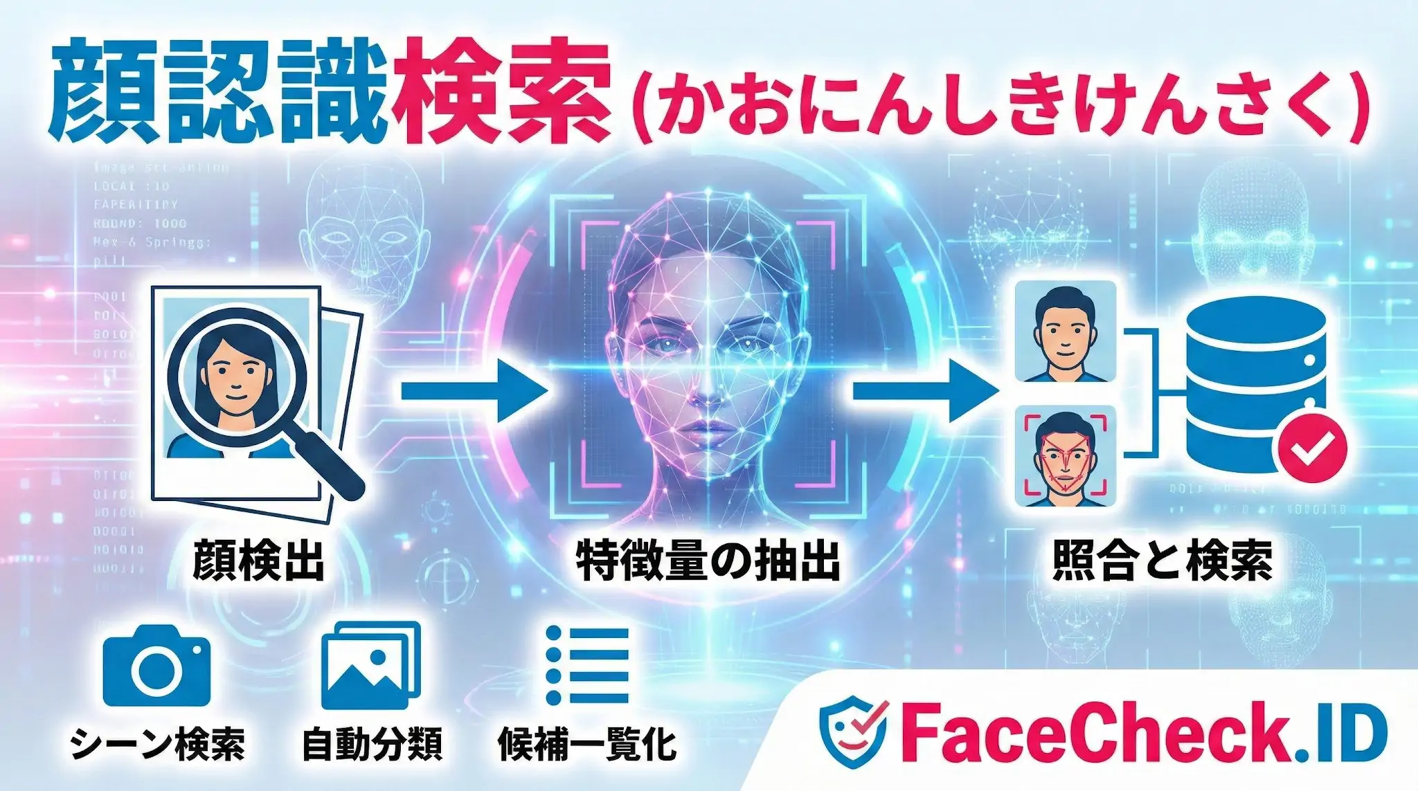 顔認識検索 顔認識検索の仕組みを3ステップで解説した図解。顔検出、特徴量の抽出、データベース照合の流れを示し、シーン検索や自動分類への活用も記載。