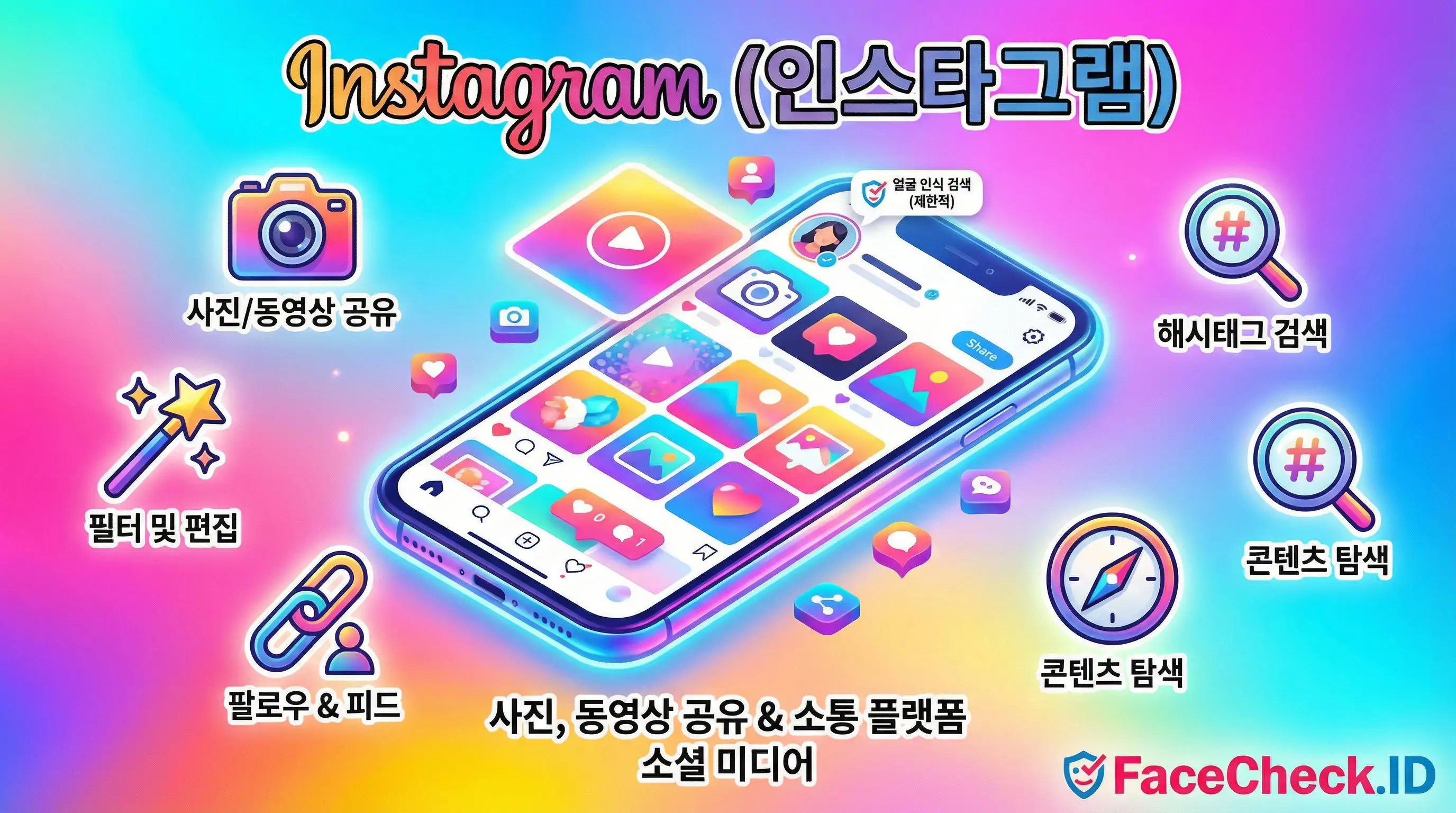 Instagram 스마트폰 화면과 함께 사진 공유, 필터 편집, 해시태그 검색 등 인스타그램(Instagram)의 주요 기능을 설명하는 인포그래픽
