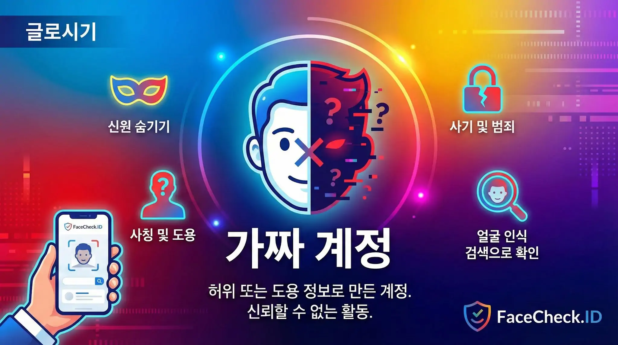 가짜 계정 위험성과 얼굴 인식 검색 기능을 보여주는 보안 관련 인포그래픽