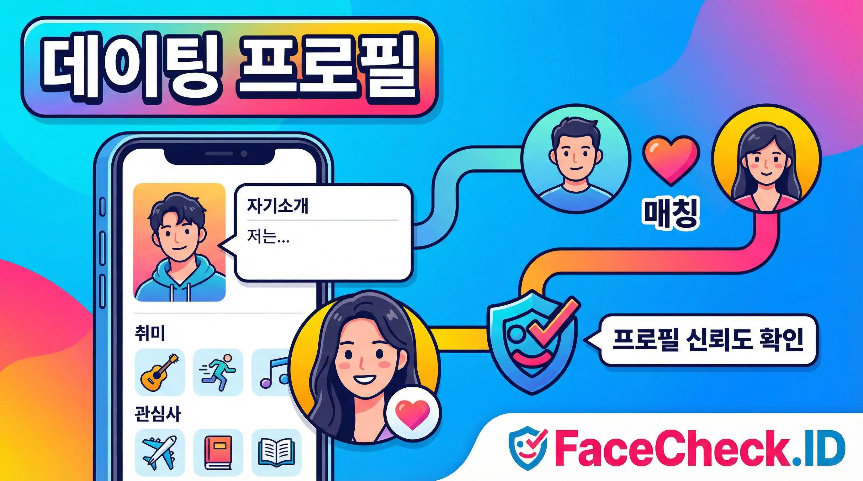 데이팅 프로필 앱 화면에서 사용자 자기소개와 취미를 보여주고, 신뢰도 확인 과정을 거쳐 매칭되는 흐름을 설명하는 인포그래픽입니다.