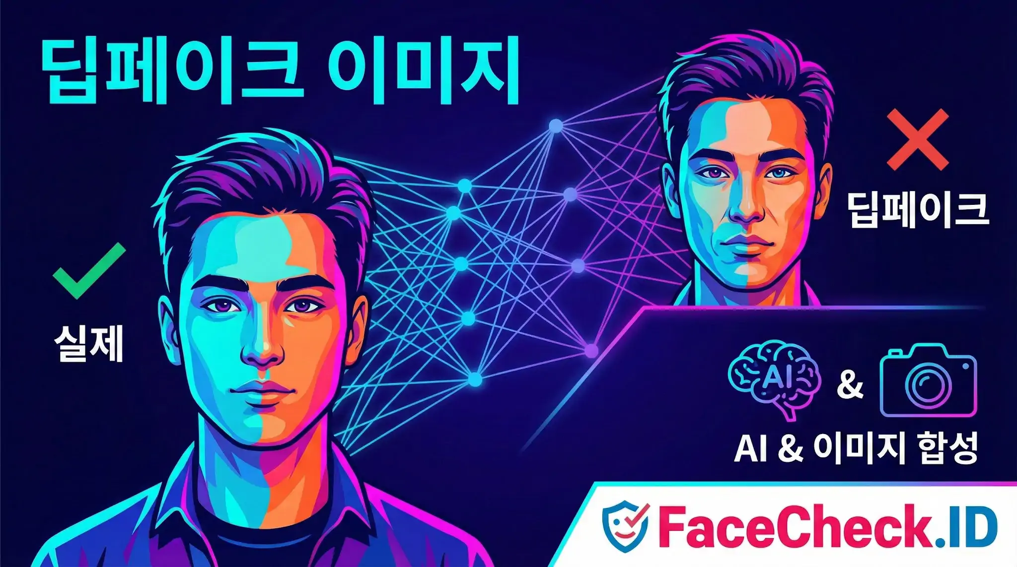 딥페이크 이미지 딥페이크 이미지 탐지와 실제 사진 구별을 위한 시각적 가이드 및 FaceCheck.ID 로고