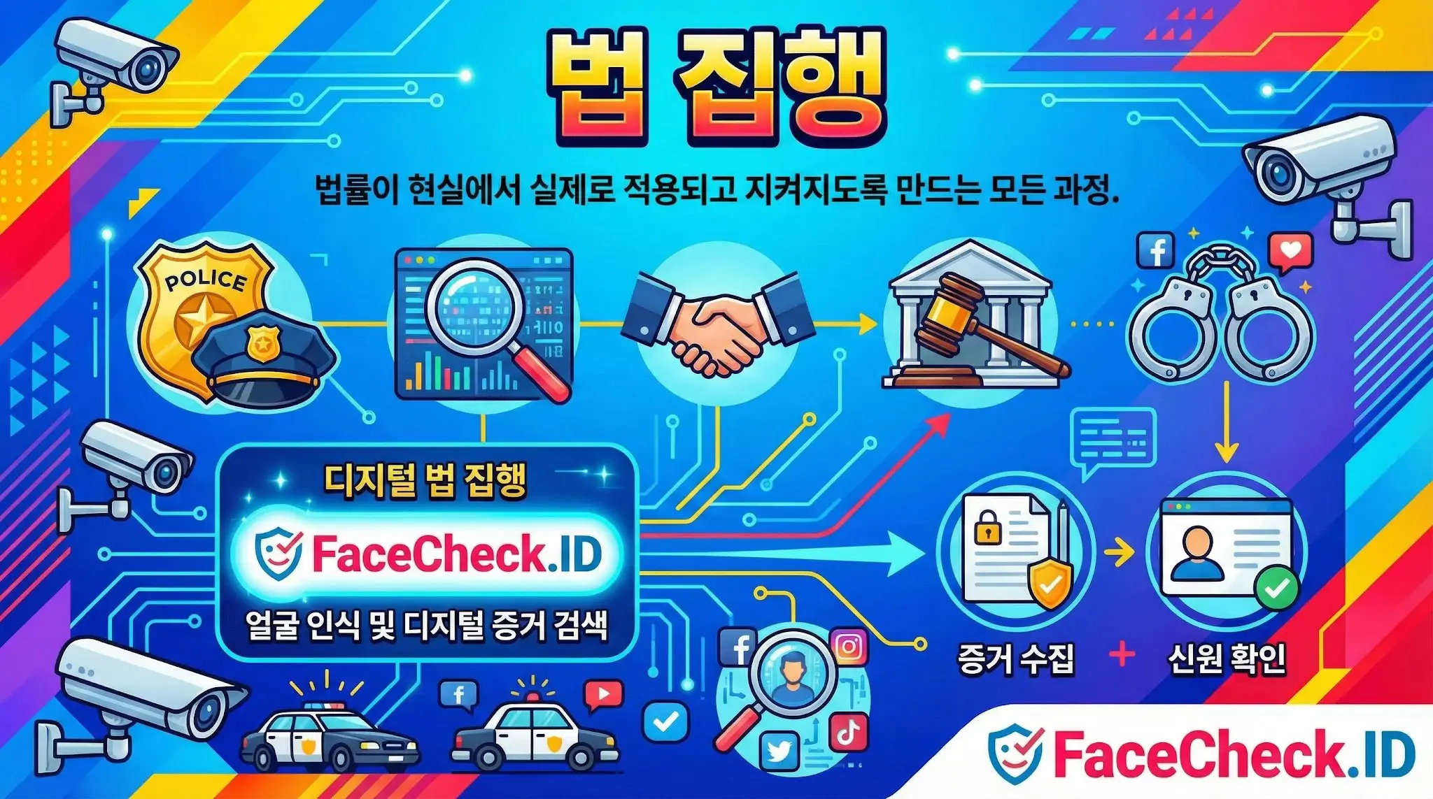 FaceCheck.ID를 활용한 디지털 법 집행 과정 인포그래픽: 경찰, 증거 수집, 신원 확인 절차