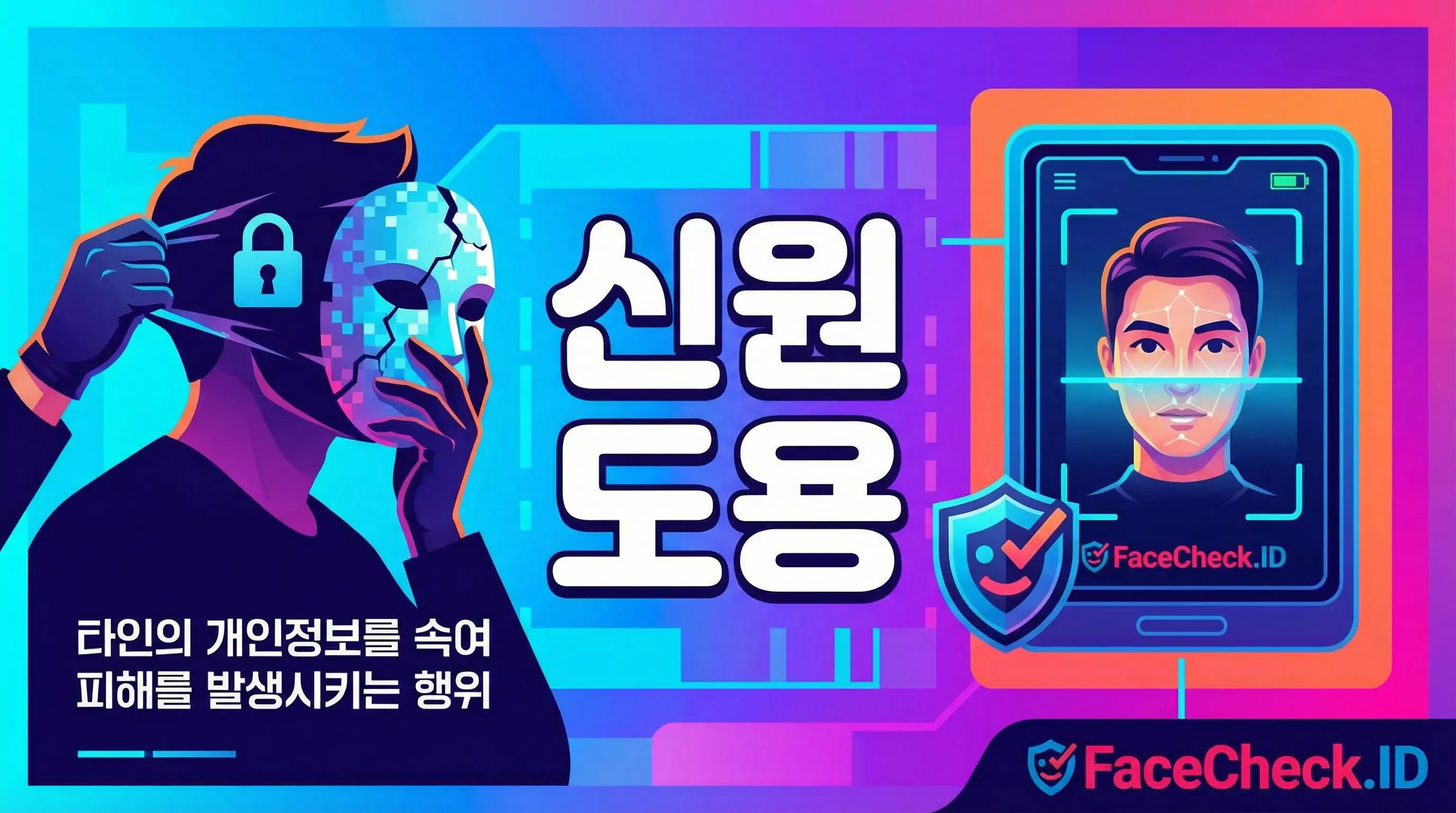 디지털 가면을 쓴 사람이 나오는 그래픽과 얼굴 인식 기술을 보여주는 스마트폰 화면. 중앙에는 신원 도용이라는 텍스트가 강조되어 있으며, 타인의 개인정보를 속여 피해를 발생시키는 행위를 설명하고 있습니다.