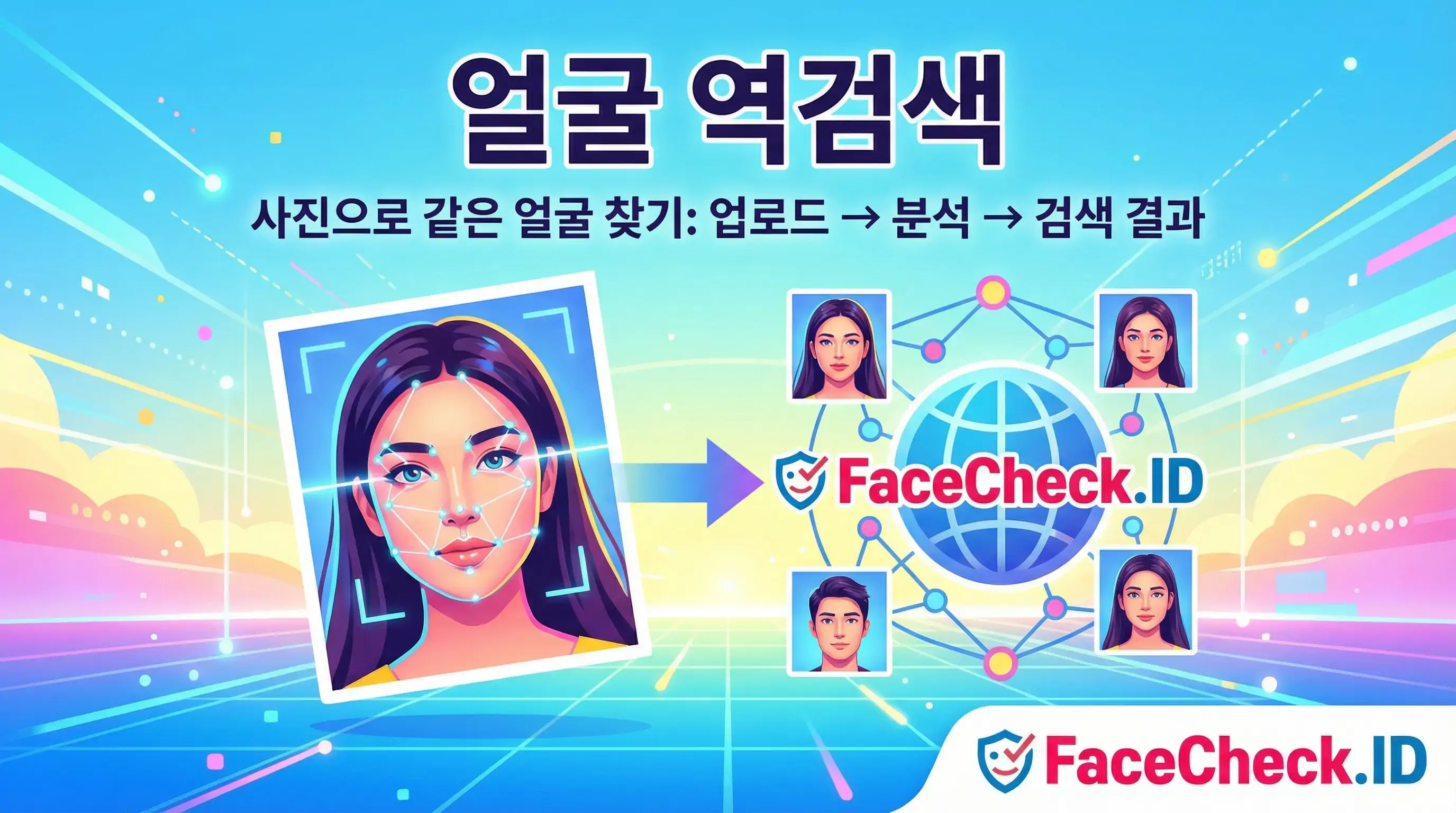 얼굴 역검색 FaceCheck.ID 인포그래픽: 사진 속 얼굴을 분석하여 온라인상의 일치하는 이미지를 찾아주는 과정을 보여주며, 업로드부터 검색 결과까지의 단계를 설명합니다.