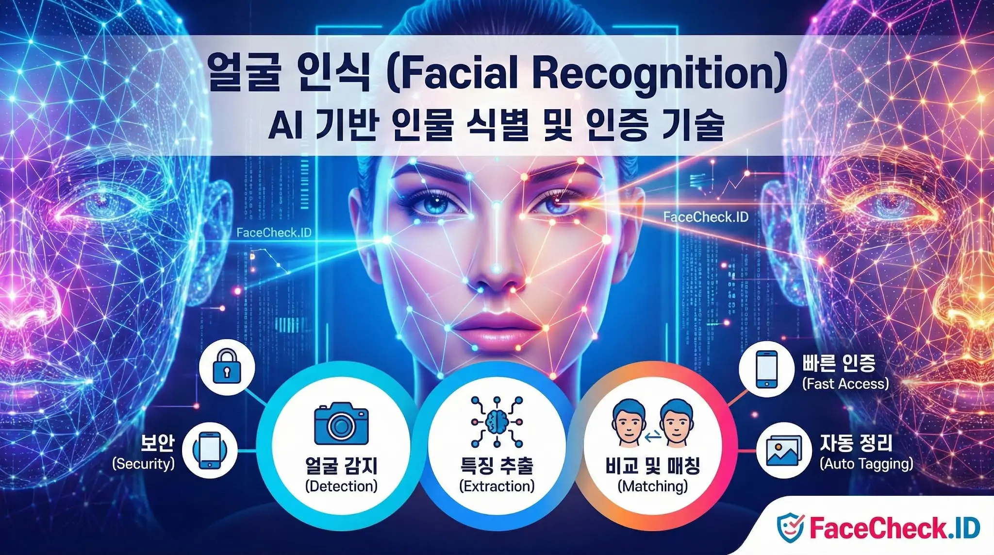 AI 기반 얼굴 인식 기술과 인물 식별 과정을 시각화하여 얼굴 감지, 특징 추출, 비교 및 매칭의 3단계 프로세스와 보안 및 빠른 인증 기능을 설명합니다.