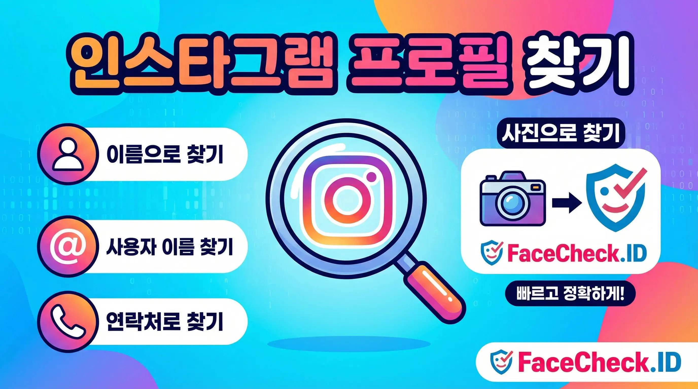 인스타그램 프로필 찾기 방법을 안내하는 이미지입니다. 이름, 사용자 이름, 연락처로 찾는 방법과 함께 FaceCheck.ID를 사용하여 사진으로 검색하는 기능을 소개합니다.