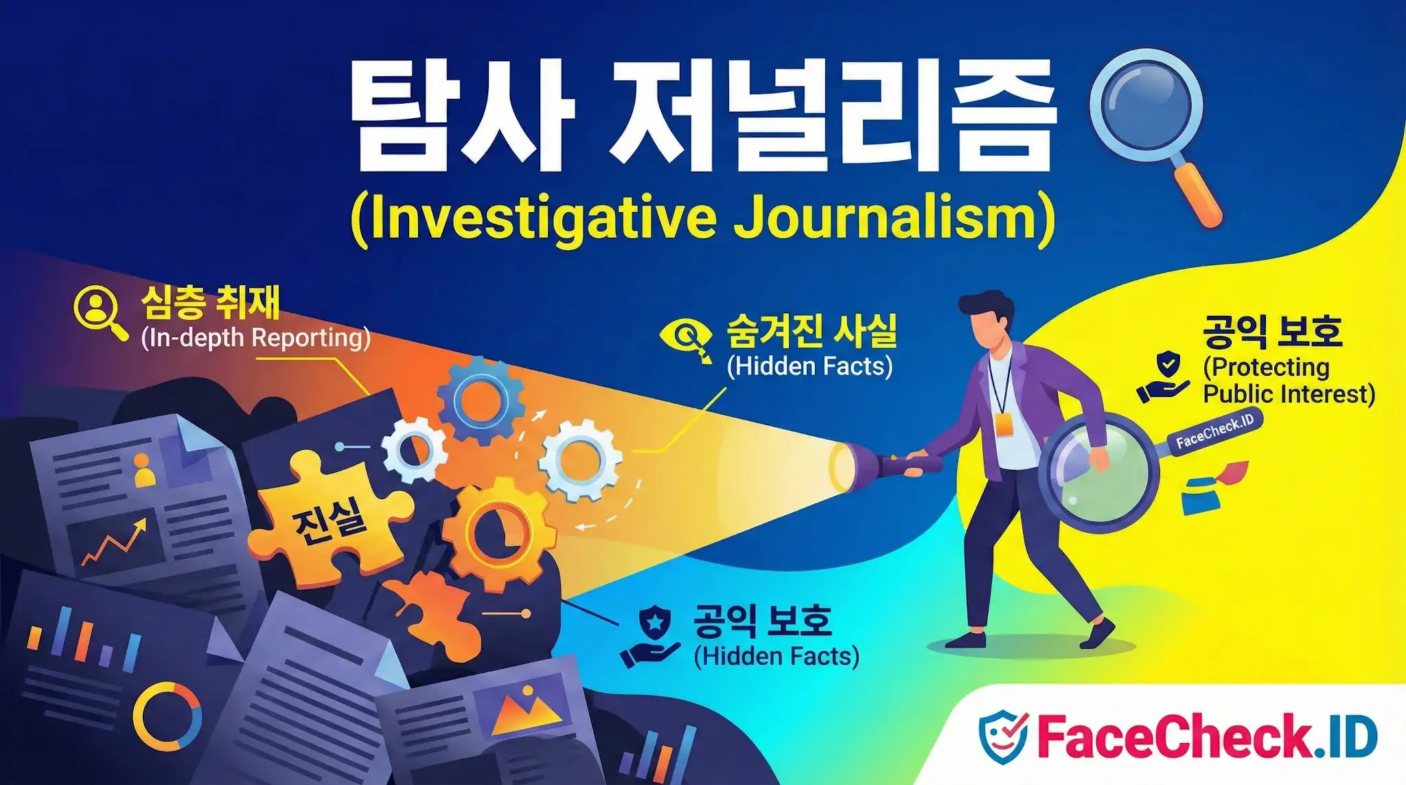 기자가 손전등으로 어둠 속 진실을 비추는 탐사 저널리즘 인포그래픽. 심층 취재, 숨겨진 사실, 공익 보호라는 핵심 가치를 시각적으로 설명합니다.