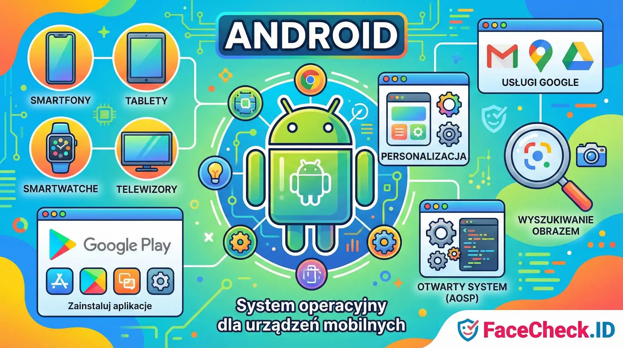 Kolorowa infografika systemu Android pokazująca funkcje, urządzenia mobilne, personalizację, Google Play i usługi Google.