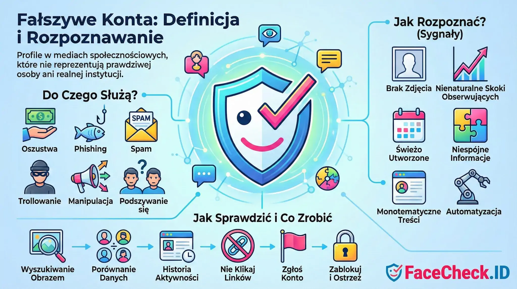 Infografika wyjaśniająca, czym są fałszywe konta w mediach społecznościowych, jak je rozpoznać (np. brak zdjęcia, nienaturalne skoki obserwujących) i jak zgłaszać podejrzane profile.