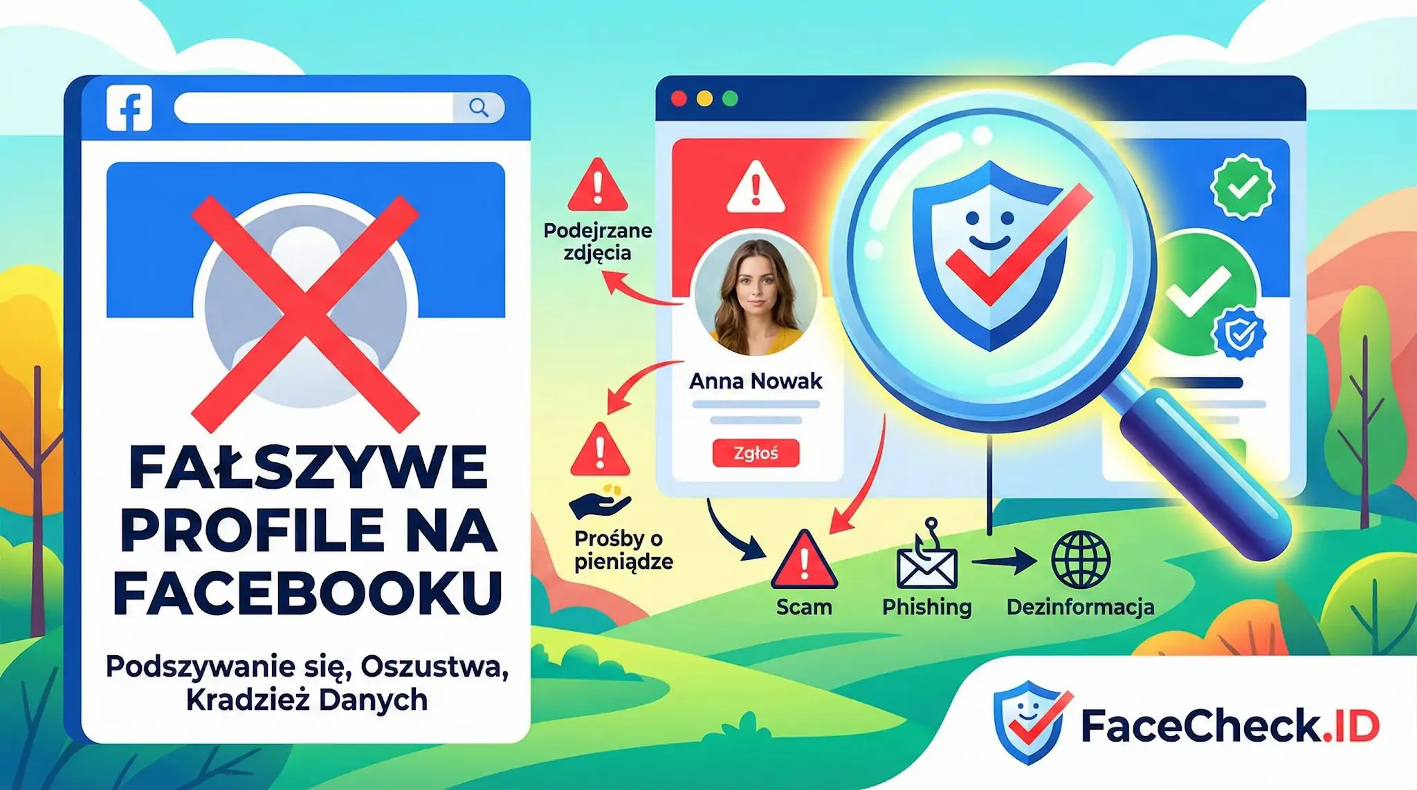 Infografika wyjaśniająca jak rozpoznać fałszywe profile na Facebooku: podejrzane zdjęcia i prośby o pieniądze.