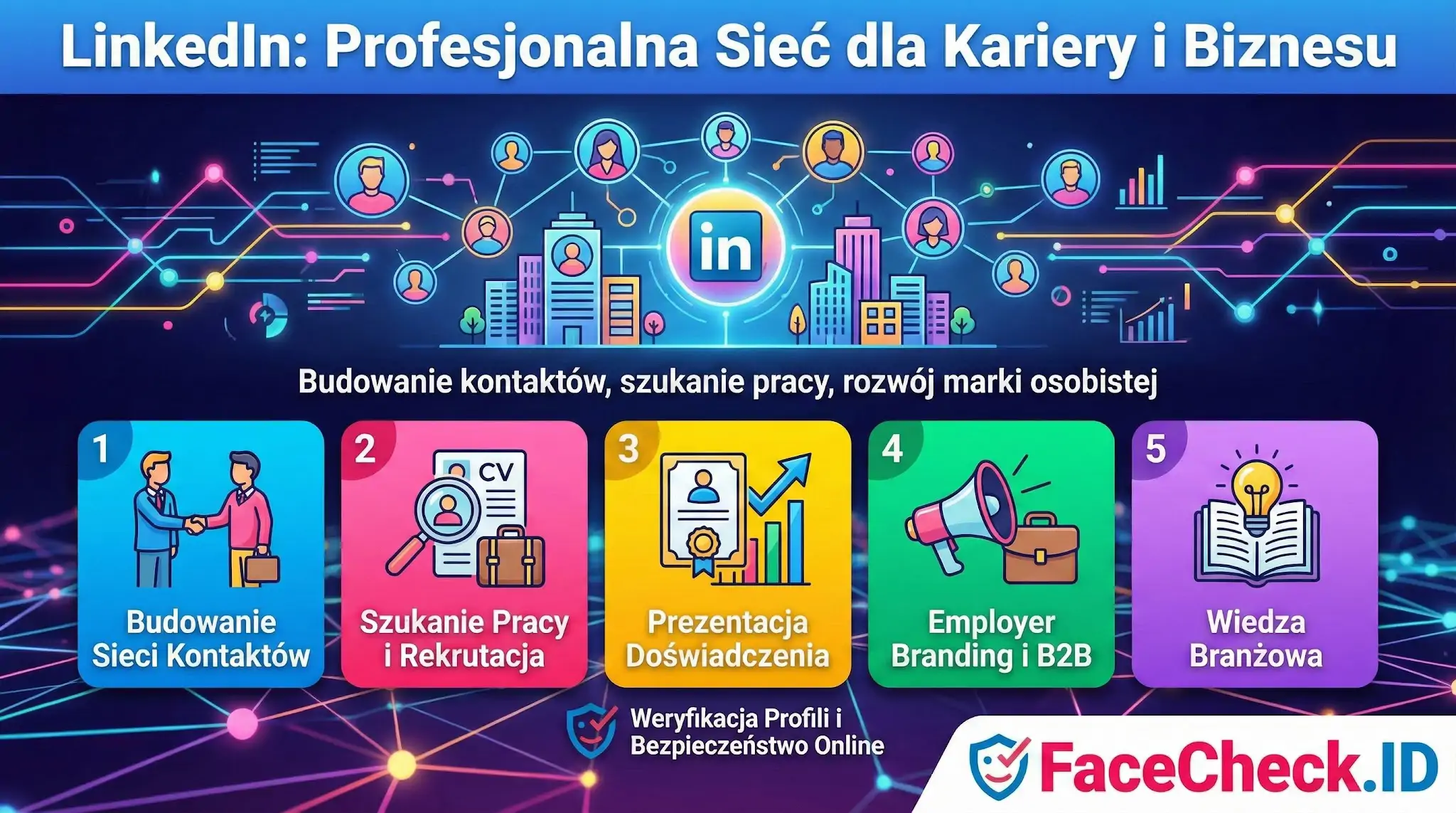Infografika LinkedIn z 5 filarami: budowanie sieci kontaktów, szukanie pracy, prezentacja doświadczenia, employer branding i wiedza branżowa.