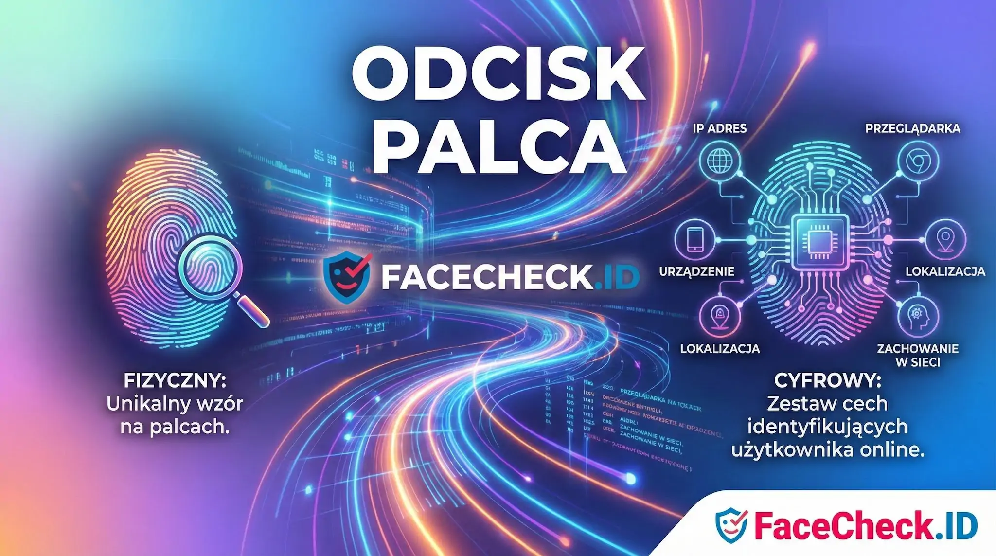 Odcisk Palca Porównanie: fizyczny odcisk palca kontra cyfrowy. Cyfrowy to zestaw cech identyfikujących użytkownika online, np. IP i urządzenie.
