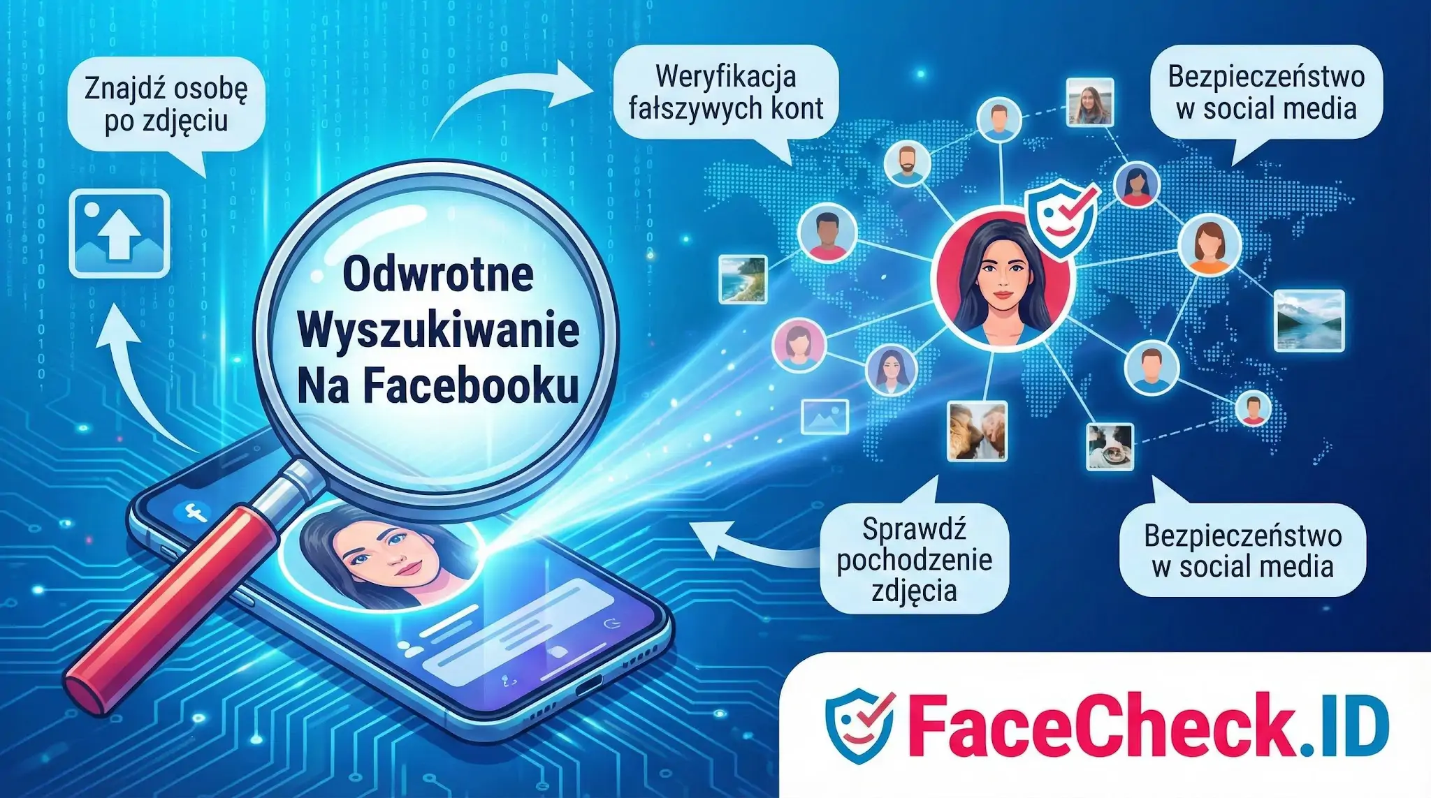 Grafika z lupą nad smartfonem promująca odwrotne wyszukiwanie na Facebooku przez FaceCheck.ID, umożliwiające weryfikację kont i znajdowanie osób po zdjęciu.